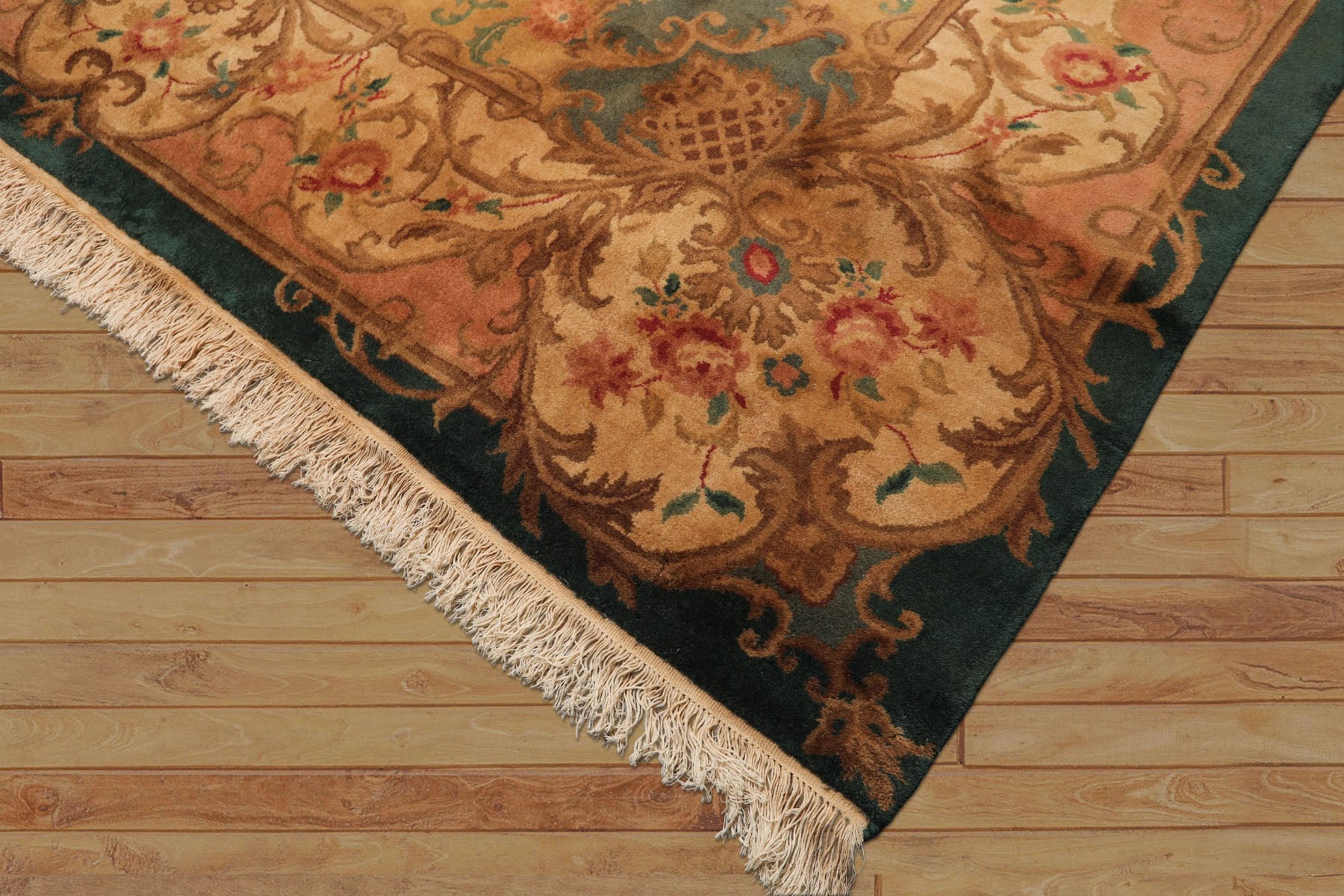 9x12 Emerald, Tan, Rose Color Hand Knotted French Aubusson Savonnerie Wool Traditional Oriental Rug