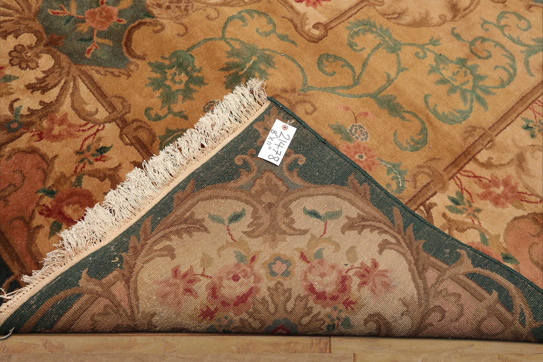9x12 Emerald, Tan, Rose Color Hand Knotted French Aubusson Savonnerie Wool Traditional Oriental Rug