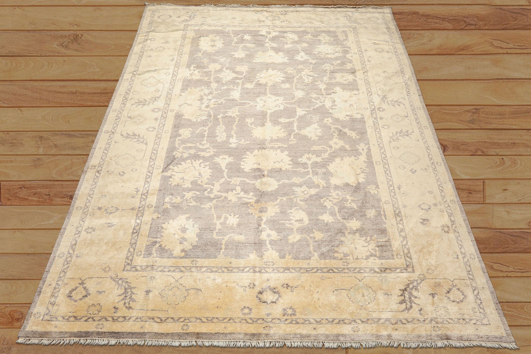 9x12 Taupe, Ivory, Gray Color Hand Knotted Oushak New Zealand Wool Transitional Oriental Rug