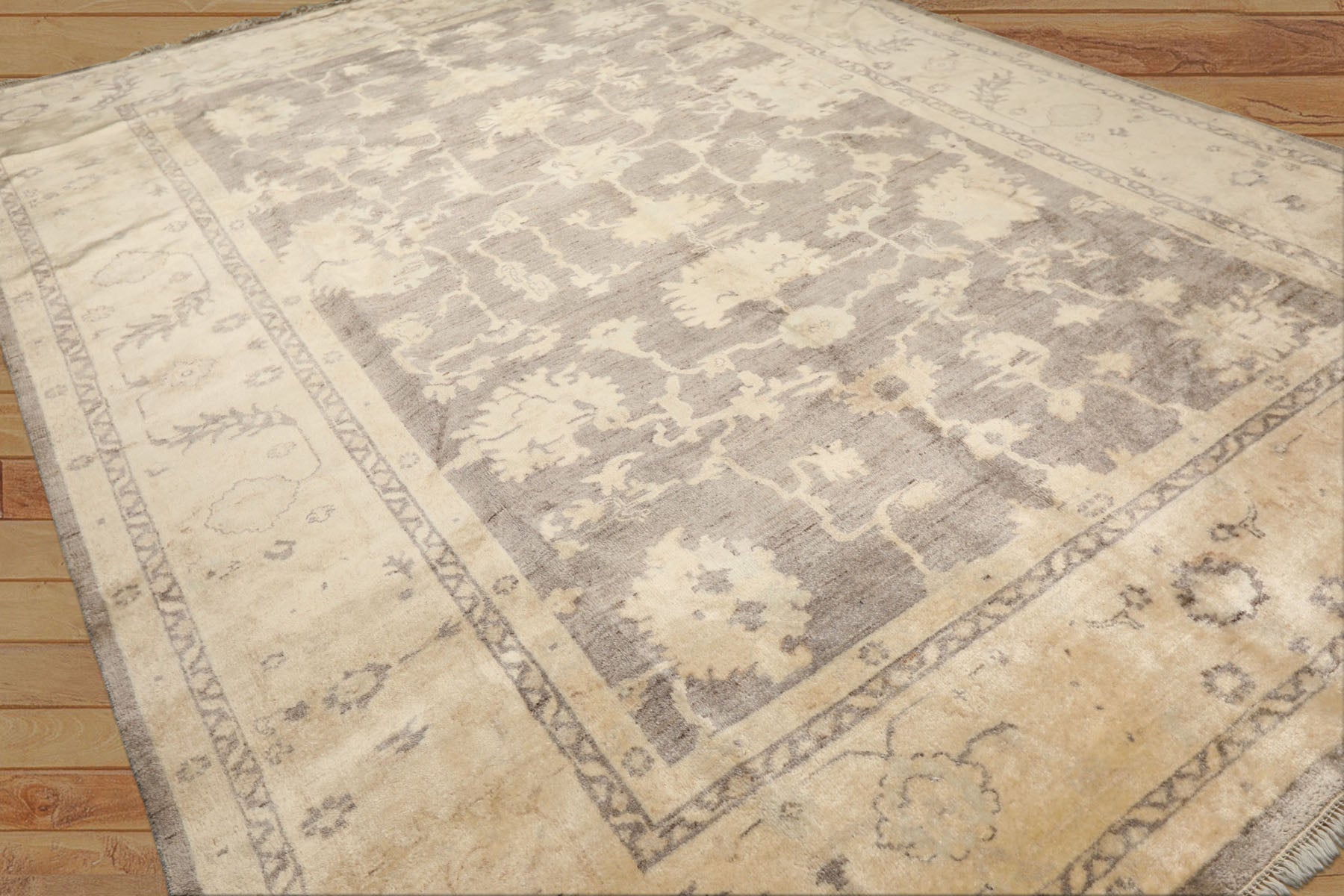 9x12 Taupe, Ivory, Gray Color Hand Knotted Oushak New Zealand Wool Transitional Oriental Rug