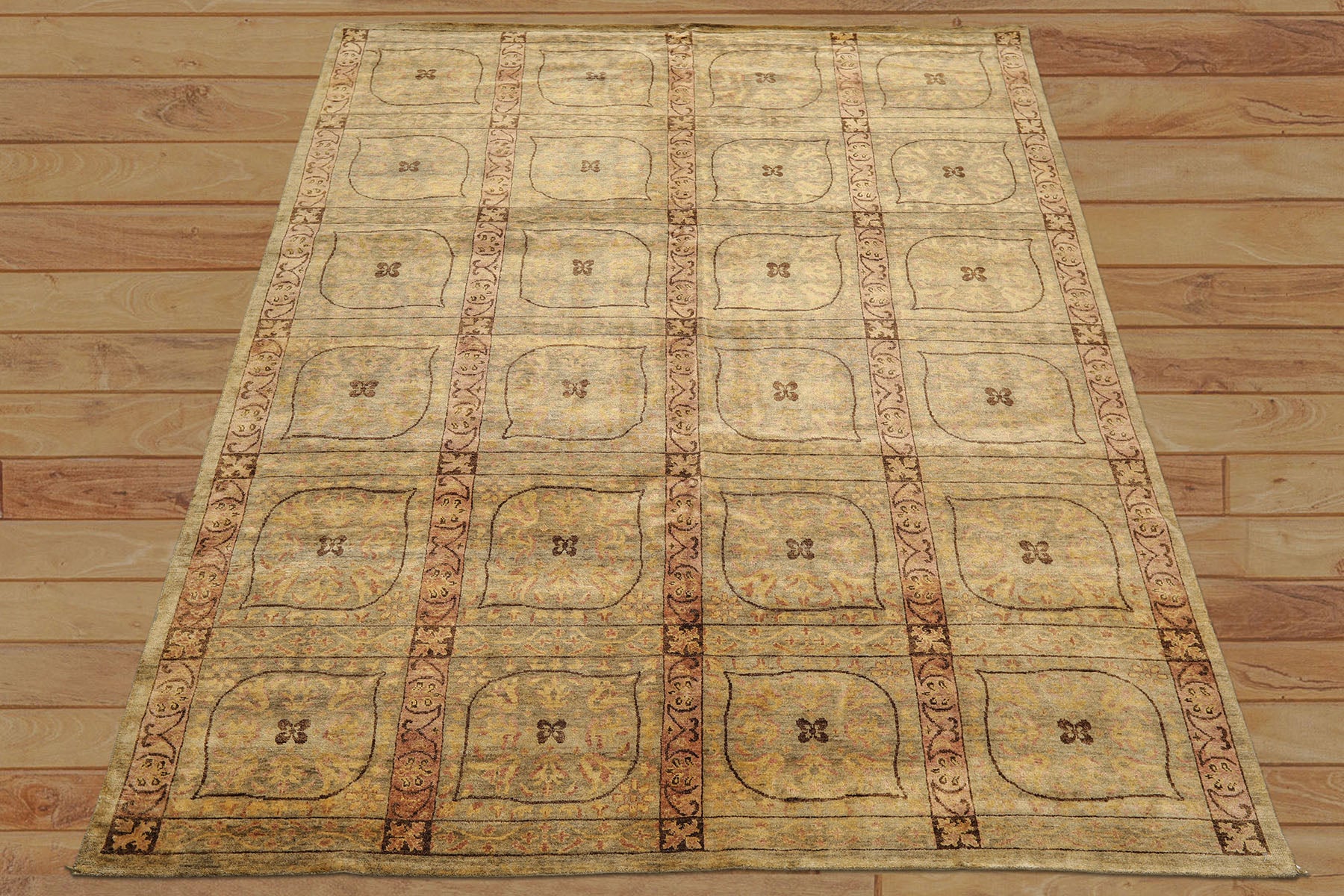 8x10 Moss, Gold, Blush Color Hand Knotted Tibetan Wool Transitional Oriental Rug