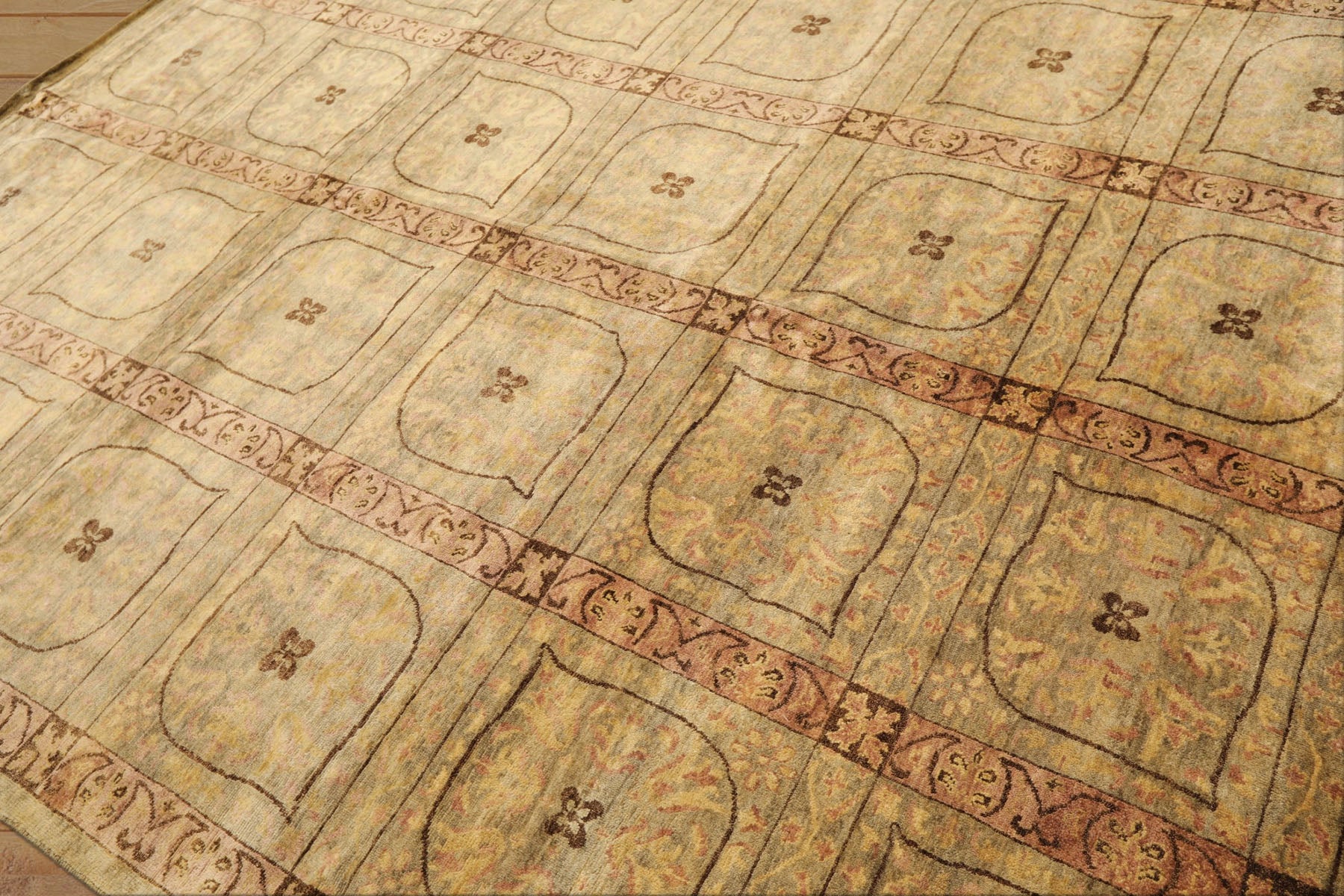 8x10 Moss, Gold, Blush Color Hand Knotted Tibetan Wool Transitional Oriental Rug