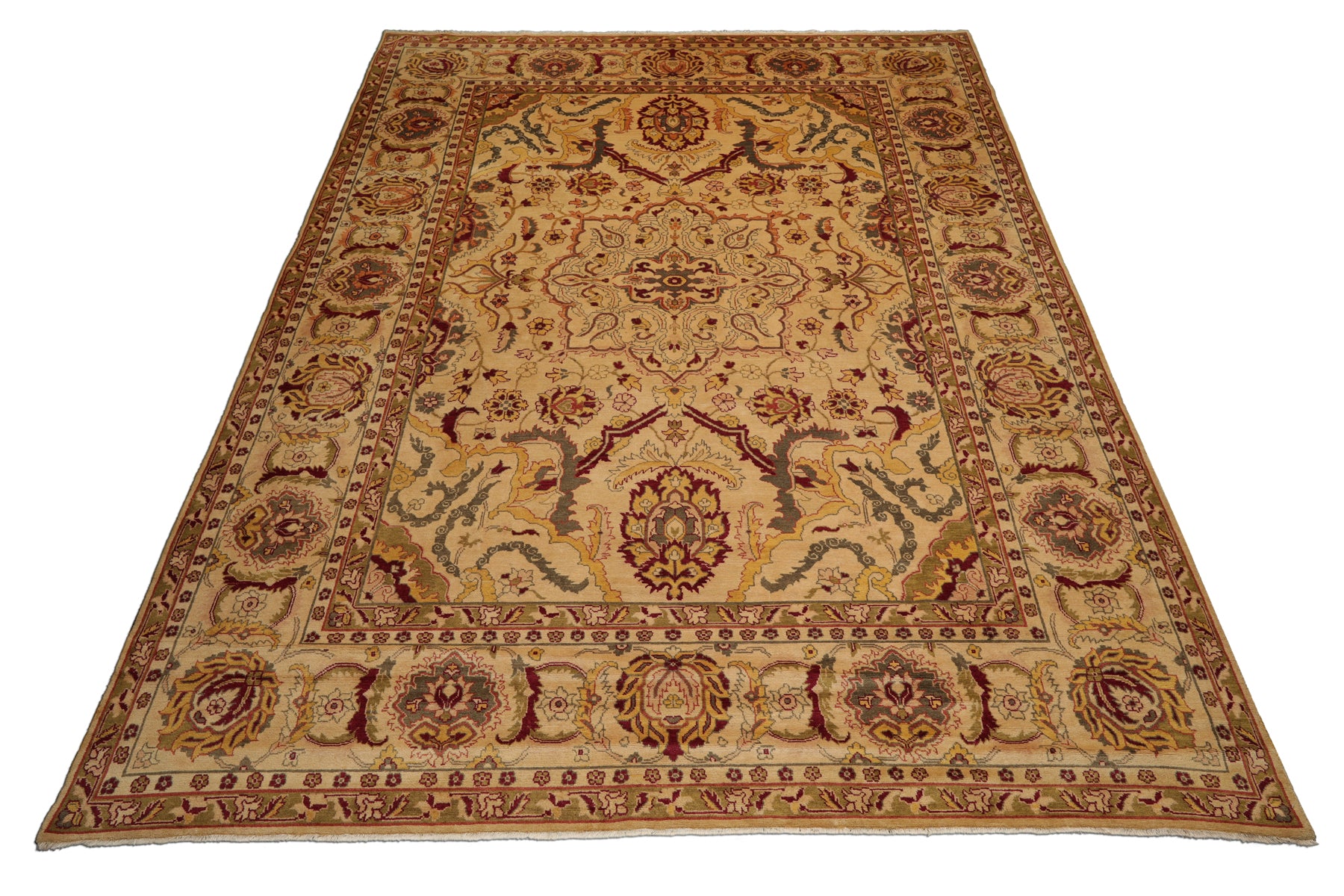 10x14 Gold, Burgundy, Sage Color Hand Knotted All-Over 100% Wool Traditional Oriental Rug