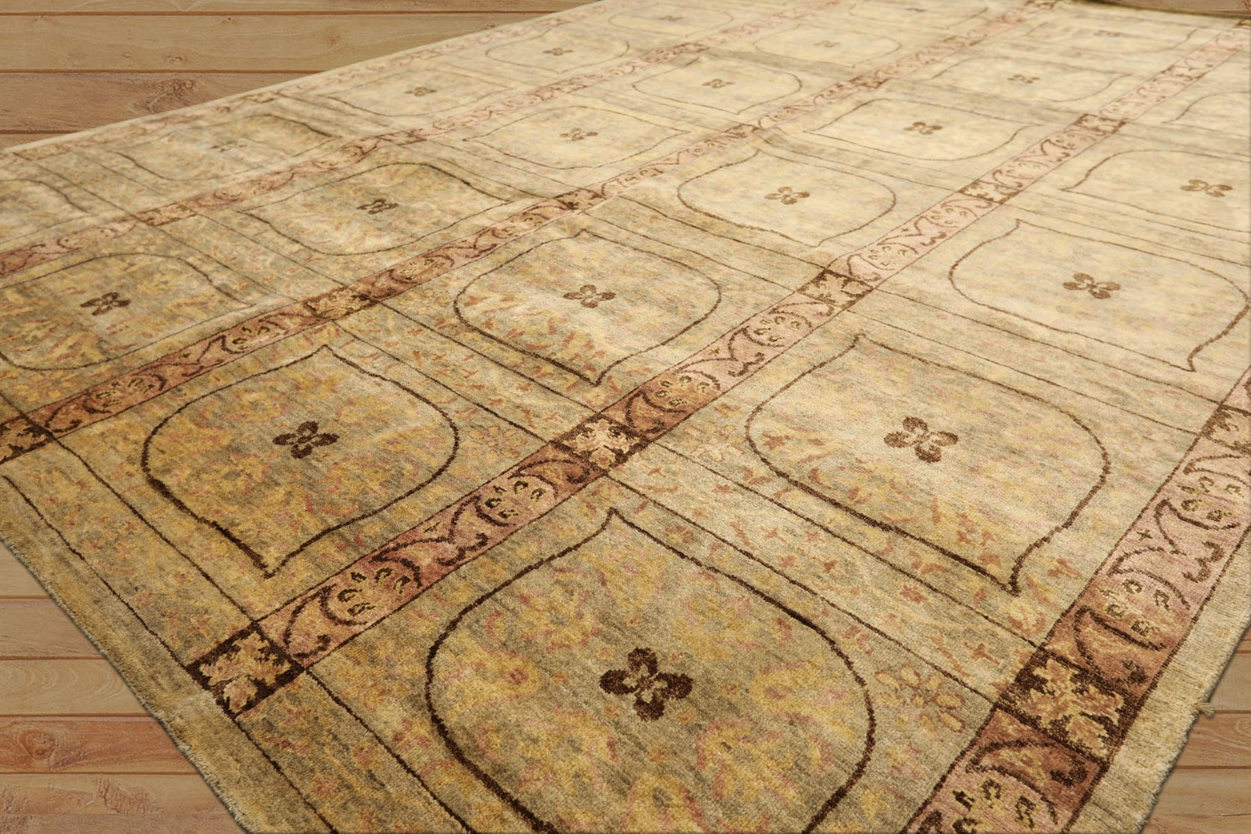 8x10 Moss, Gold, Blush Color Hand Knotted Tibetan Wool Transitional Oriental Rug