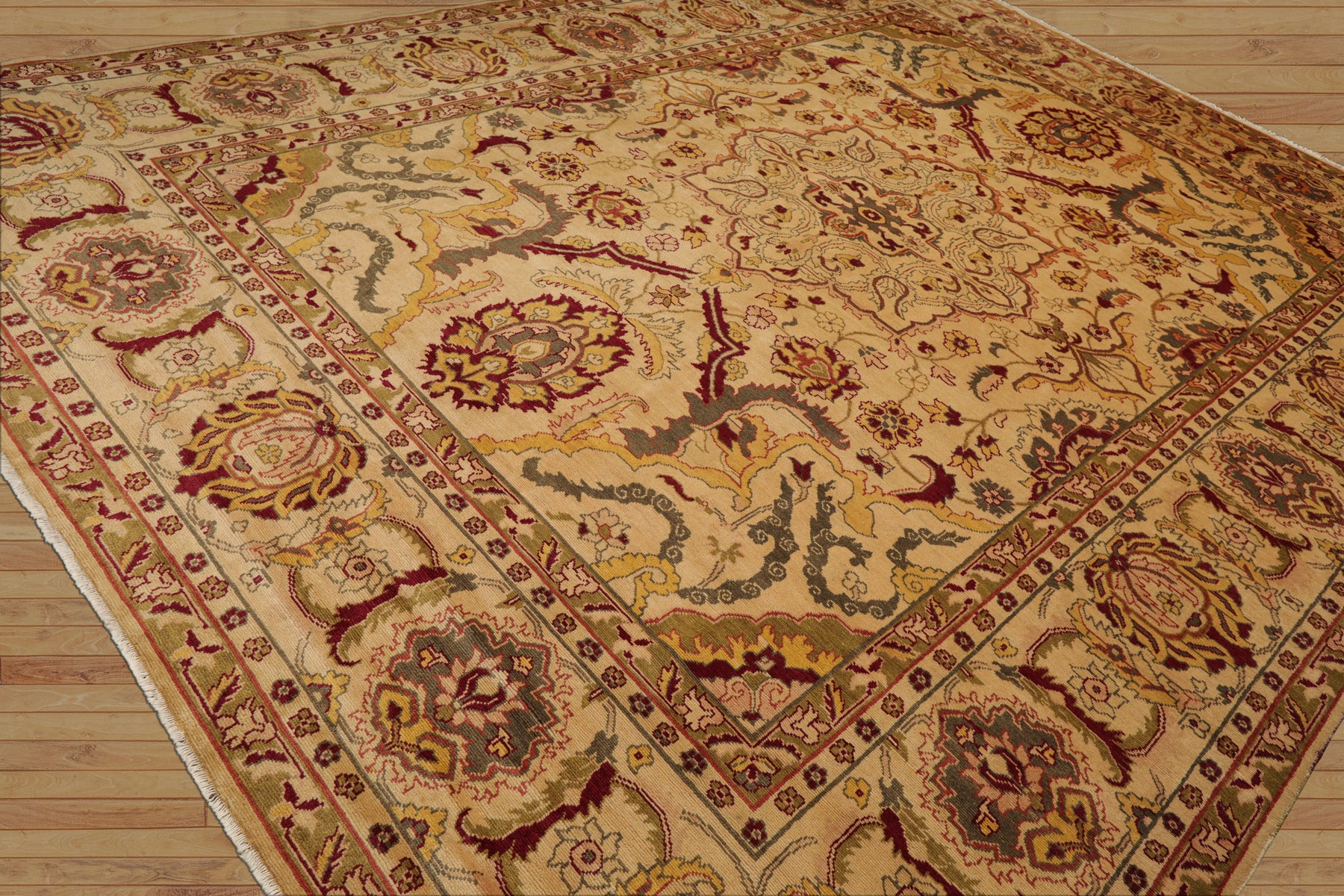 10x14 Gold, Burgundy, Sage Color Hand Knotted All-Over 100% Wool Traditional Oriental Rug
