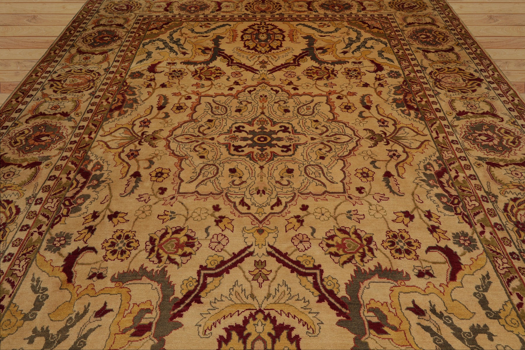 10x14 Gold, Burgundy, Sage Color Hand Knotted All-Over 100% Wool Traditional Oriental Rug