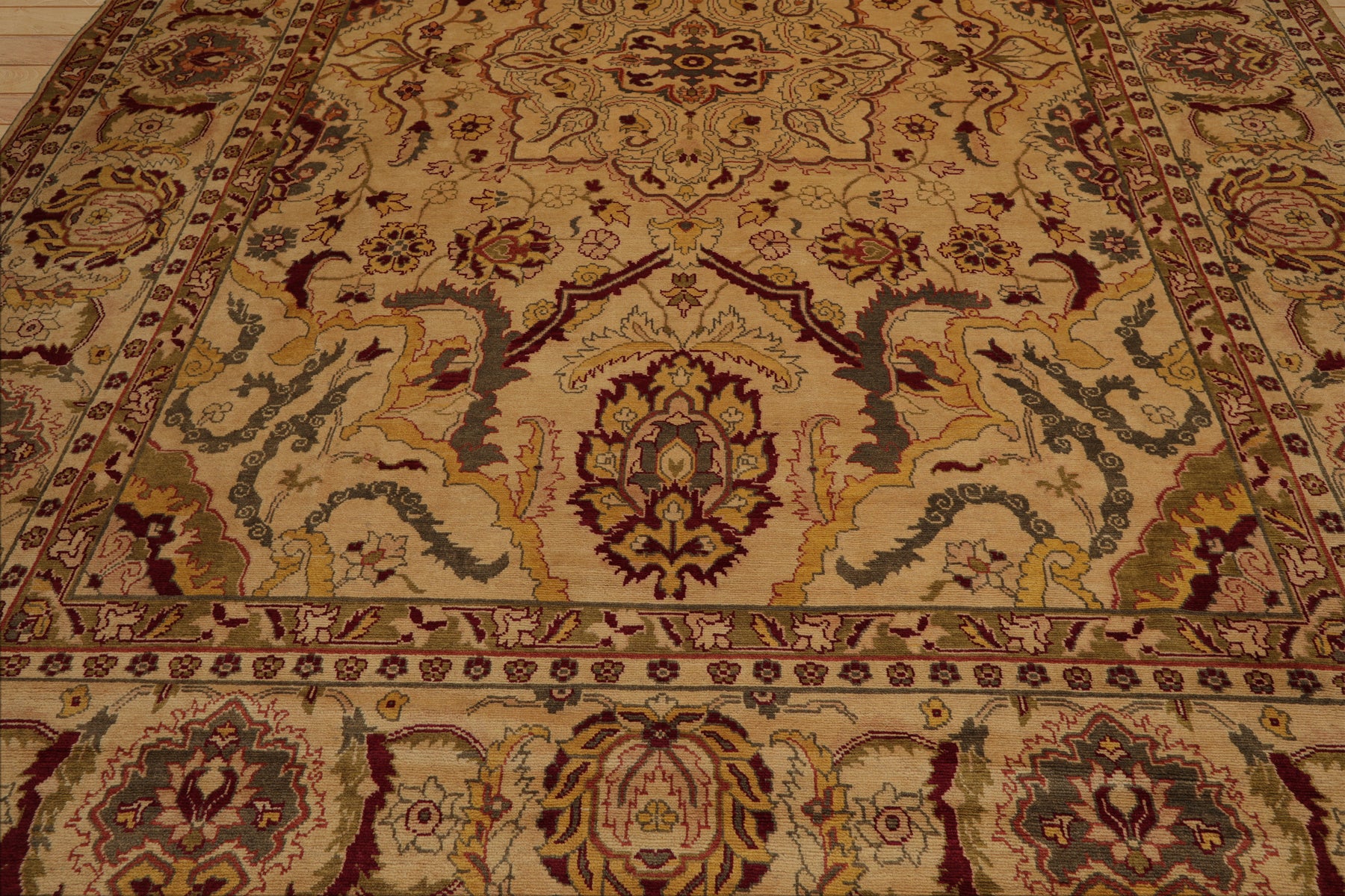 10x14 Gold, Burgundy, Sage Color Hand Knotted All-Over 100% Wool Traditional Oriental Rug