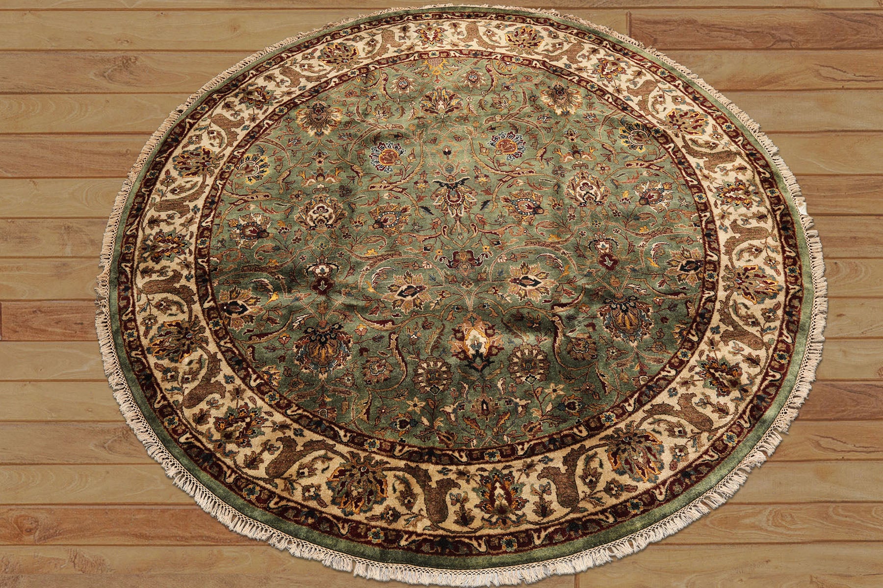 8 Round Sage, Beige, Maroon Color Hand Knotted Agra New Zealand Wool & Silk Traditional Oriental Rug