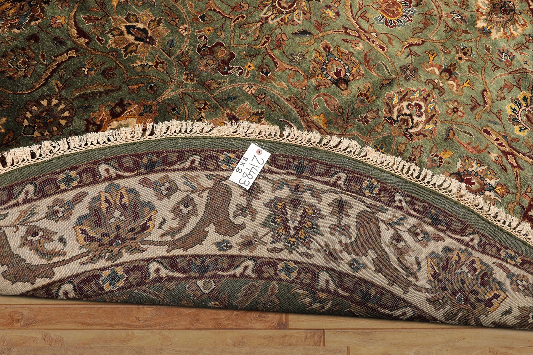 8 Round Sage, Beige, Maroon Color Hand Knotted Agra New Zealand Wool & Silk Traditional Oriental Rug