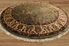 8 Round Sage, Beige, Maroon Color Hand Knotted Agra New Zealand Wool & Silk Traditional Oriental Rug