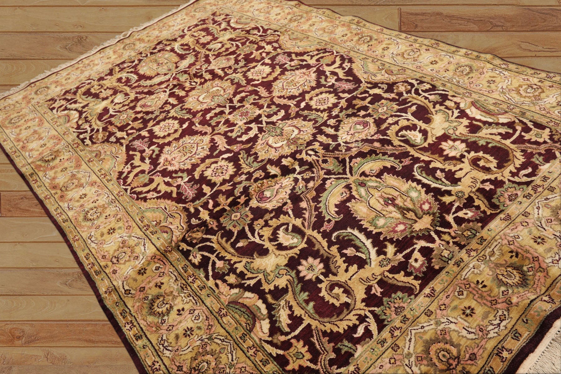 6x9 Maroon, Gold, Sage Color Hand Knotted Agra New Zealand Wool Traditional Oriental Rug