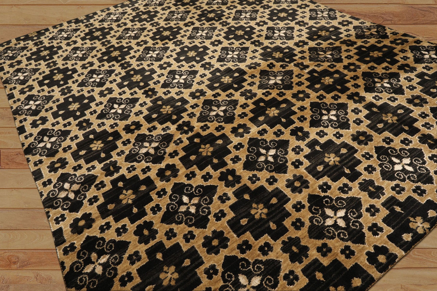 Multi Size Brown Charcoal Beige Color Hand Loomed Tibetan Wool & Bamboo Silk Modern & Contemporary Oriental Rug