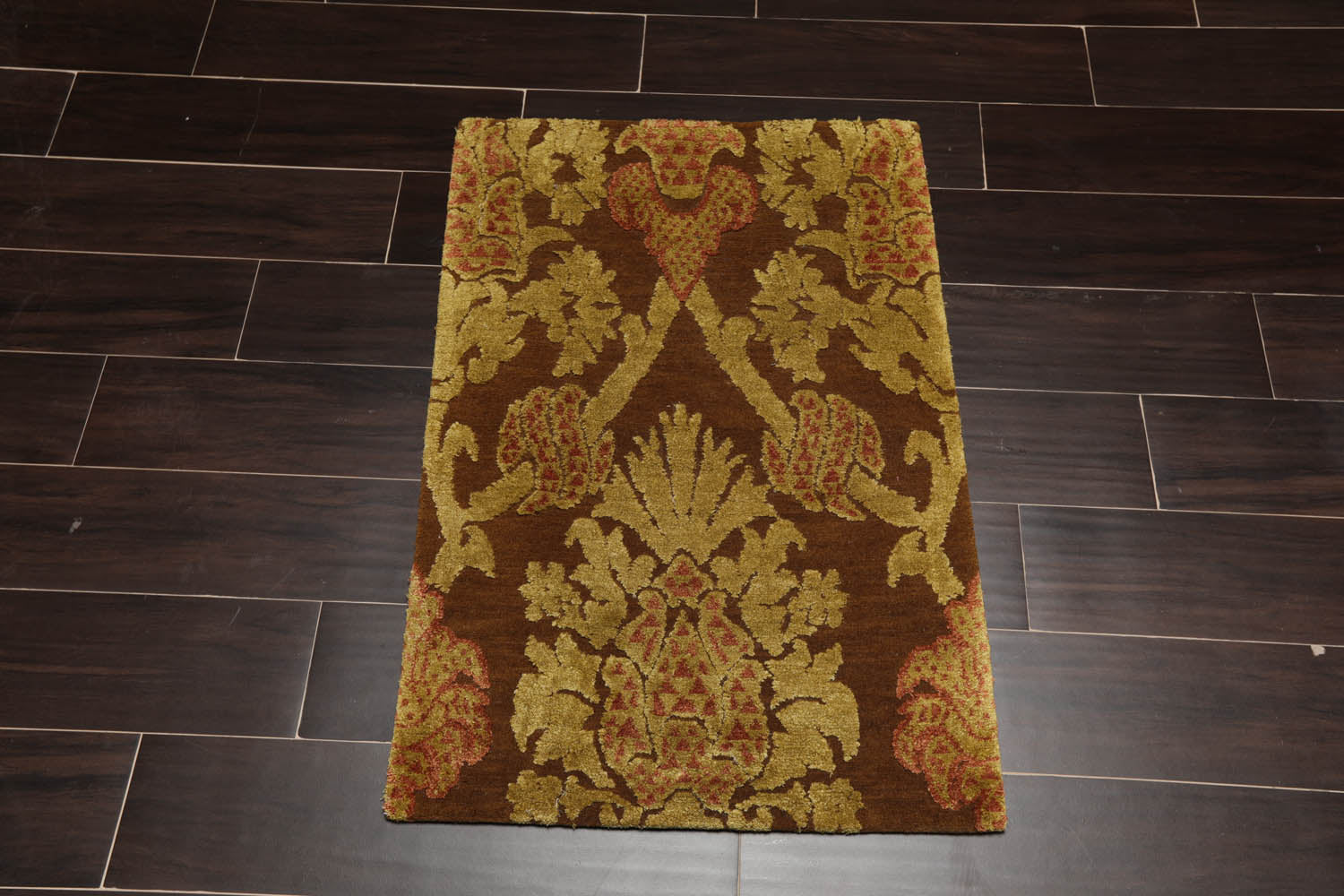 2x3 Brown, Mustard, Rust Color Hand Knotted All-Over Wool & Silk||Wool Transitional Oriental Rug