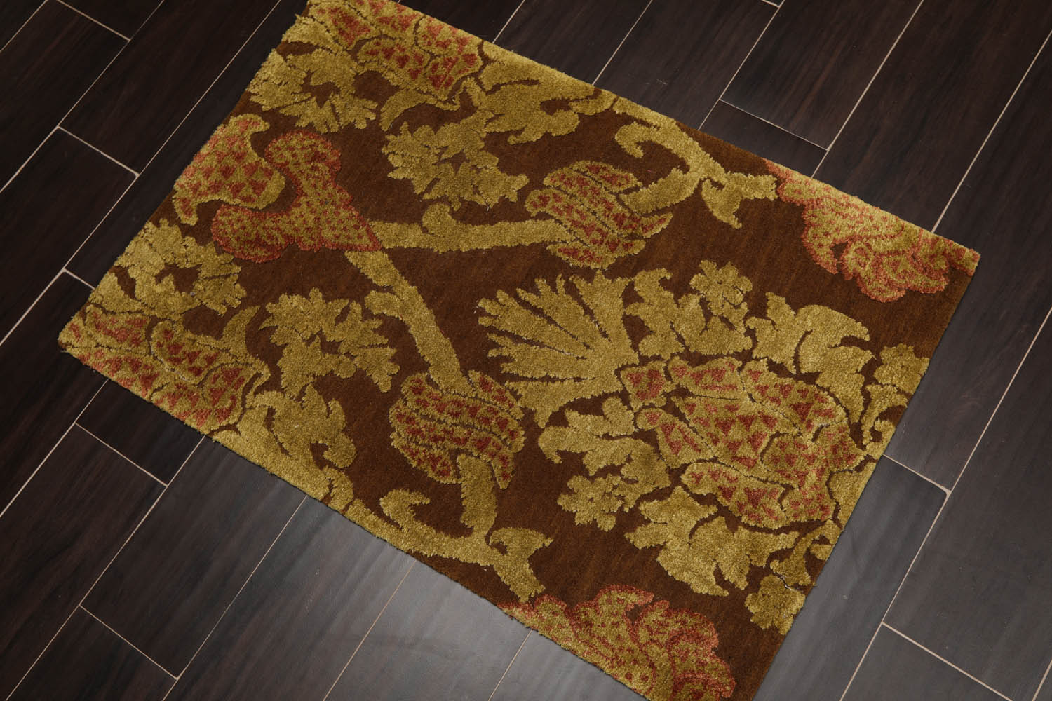 2x3 Brown, Mustard, Rust Color Hand Knotted All-Over Wool & Silk||Wool Transitional Oriental Rug