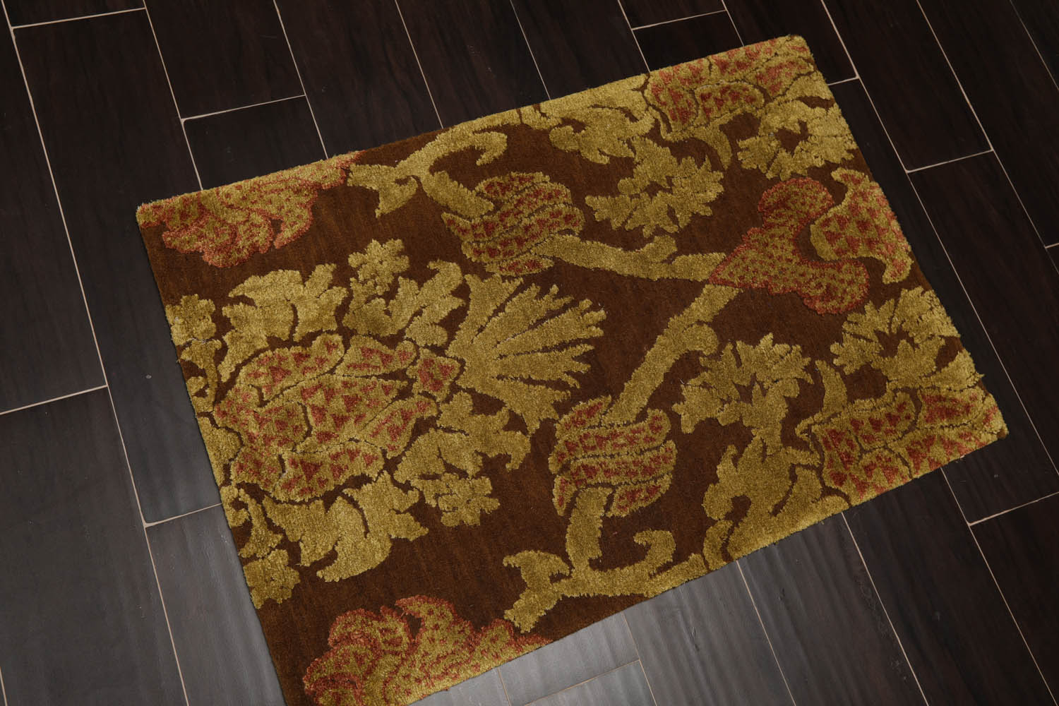 2x3 Brown, Mustard, Rust Color Hand Knotted All-Over Wool & Silk||Wool Transitional Oriental Rug