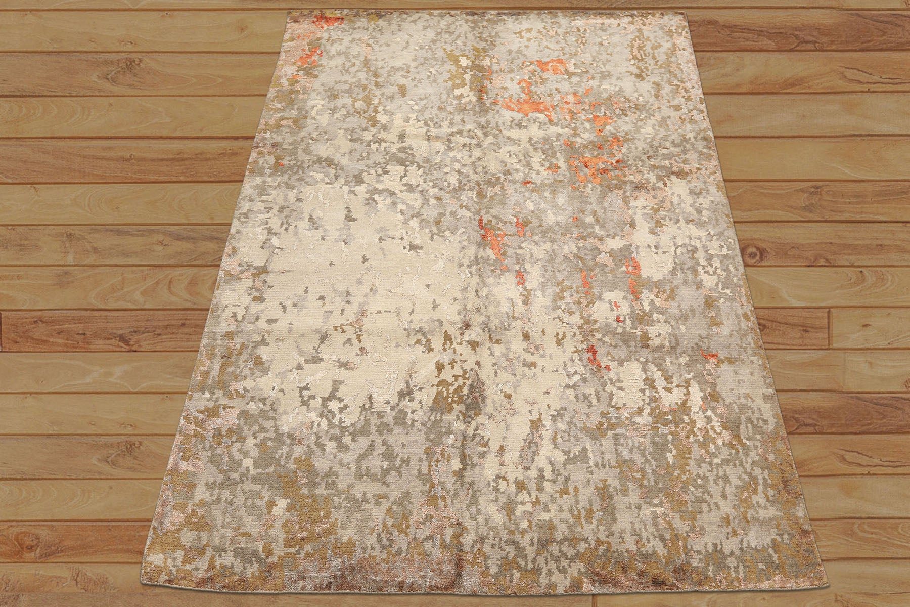 6x9 Beige, Brown, Gray Color Hand Knotted Tibetan Wool & Bamboo Silk Modern & Contemporary Oriental Rug