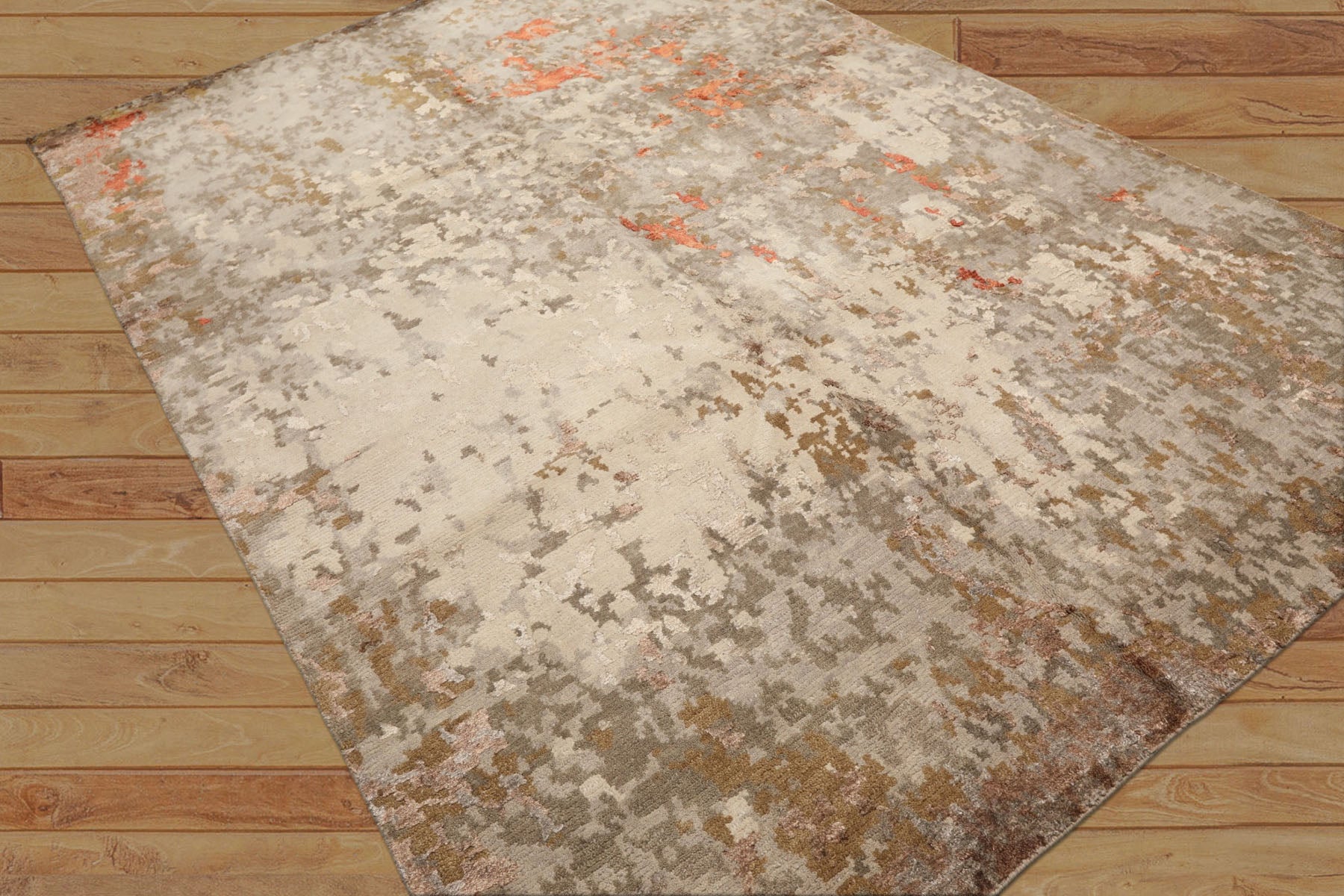 6x9 Beige, Brown, Gray Color Hand Knotted Tibetan Wool & Bamboo Silk Modern & Contemporary Oriental Rug