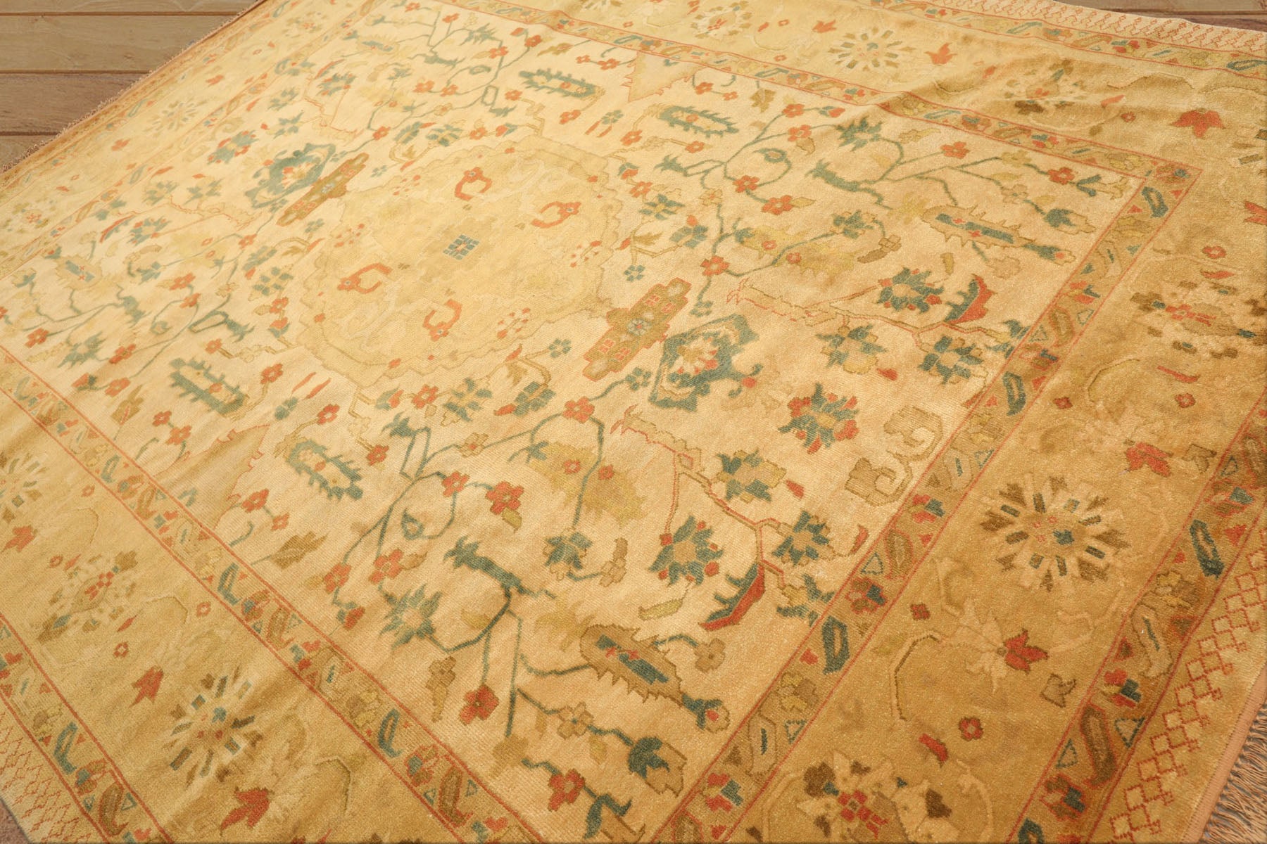 9x12 Gold, Aqua, Burnt Orange Color Hand Knotted Oushak Wool Traditional Oriental Rug