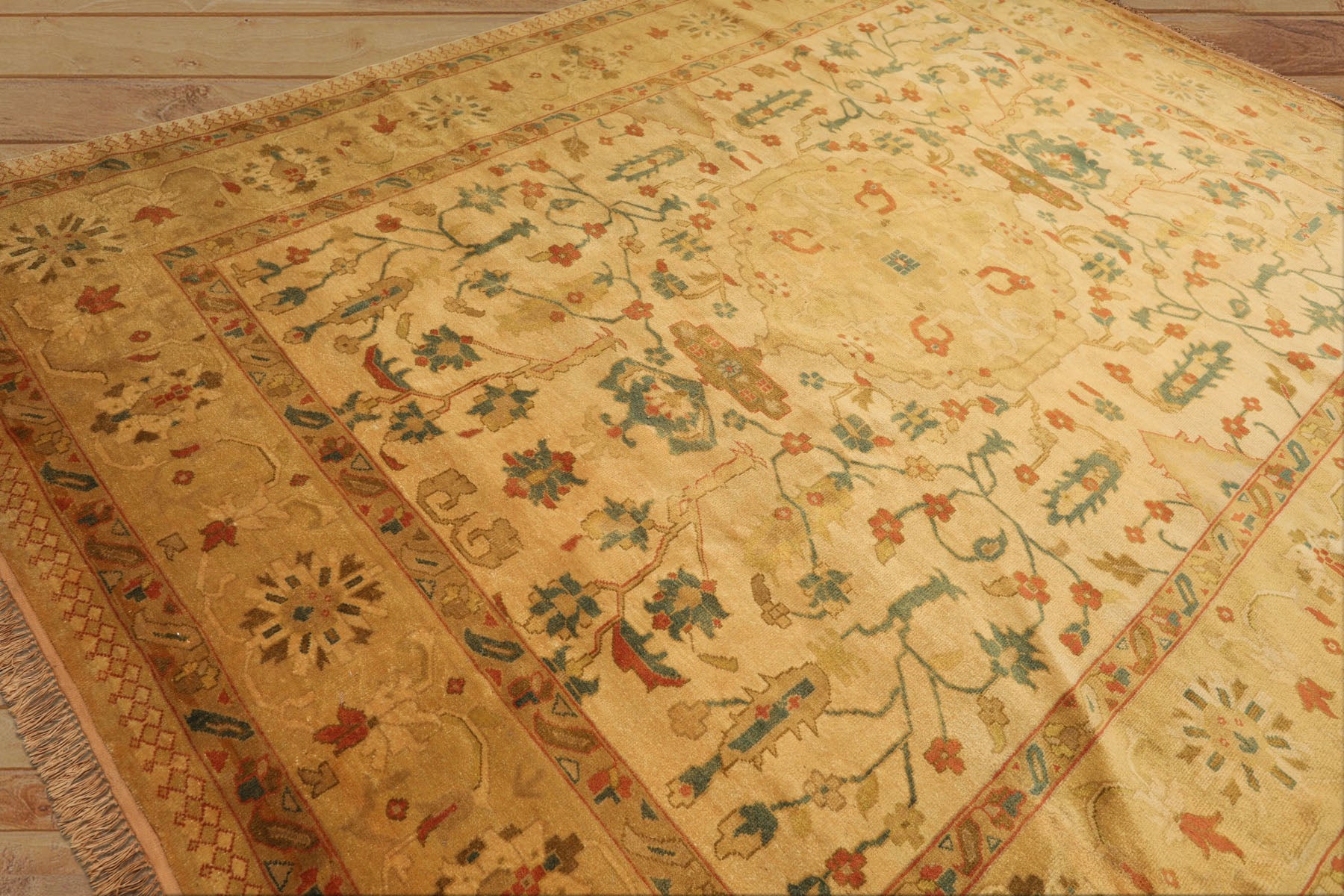 9x12 Gold, Aqua, Burnt Orange Color Hand Knotted Oushak Wool Traditional Oriental Rug