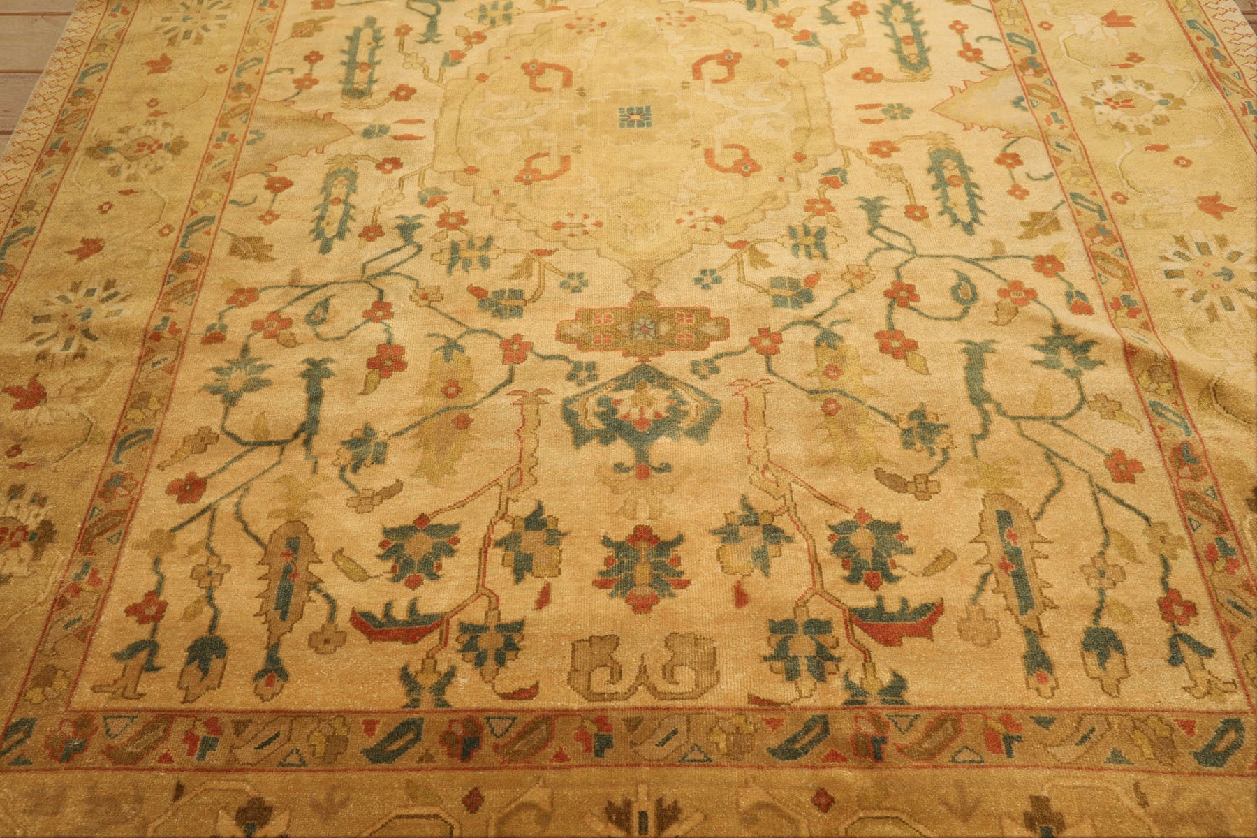 9x12 Gold, Aqua, Burnt Orange Color Hand Knotted Oushak Wool Traditional Oriental Rug