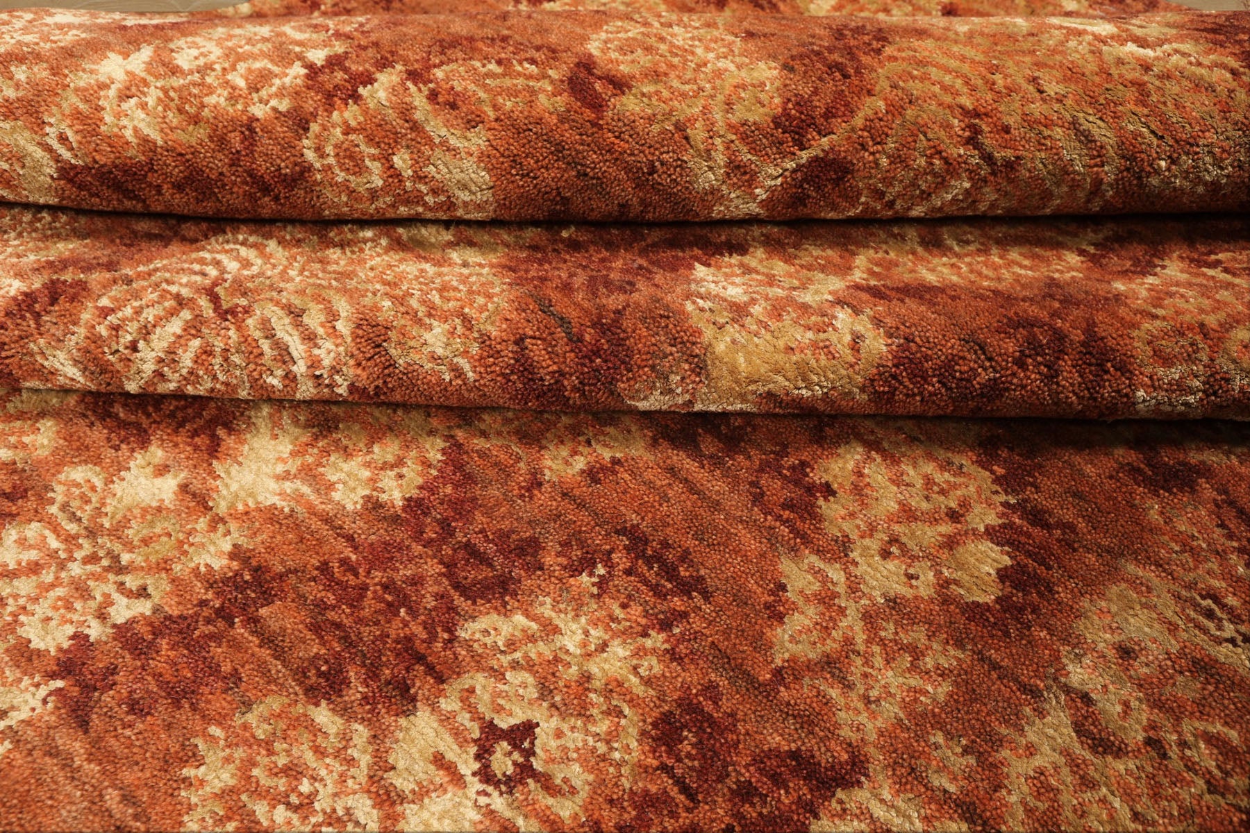 10x14 Rust, Burnt Orange, Pistachio Color Hand Knotted Tibetan Wool & Bamboo Silk Transitional Oriental Rug