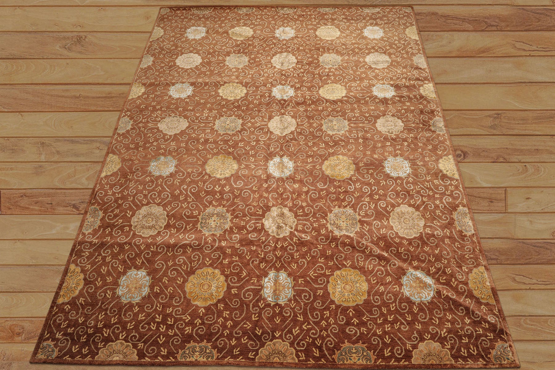 10x14 Mocha, Gold, Beige Color Hand Knotted Tibetan Wool & Bamboo Silk Transitional Oriental Rug