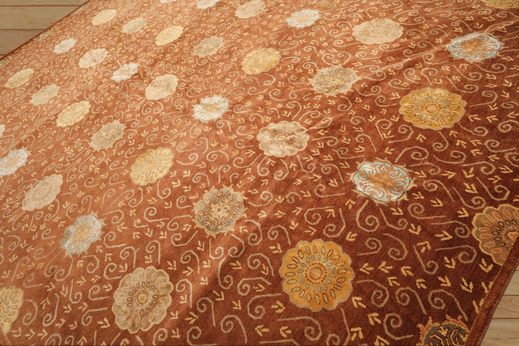 10x14 Mocha, Gold, Beige Color Hand Knotted Tibetan Wool & Bamboo Silk Transitional Oriental Rug