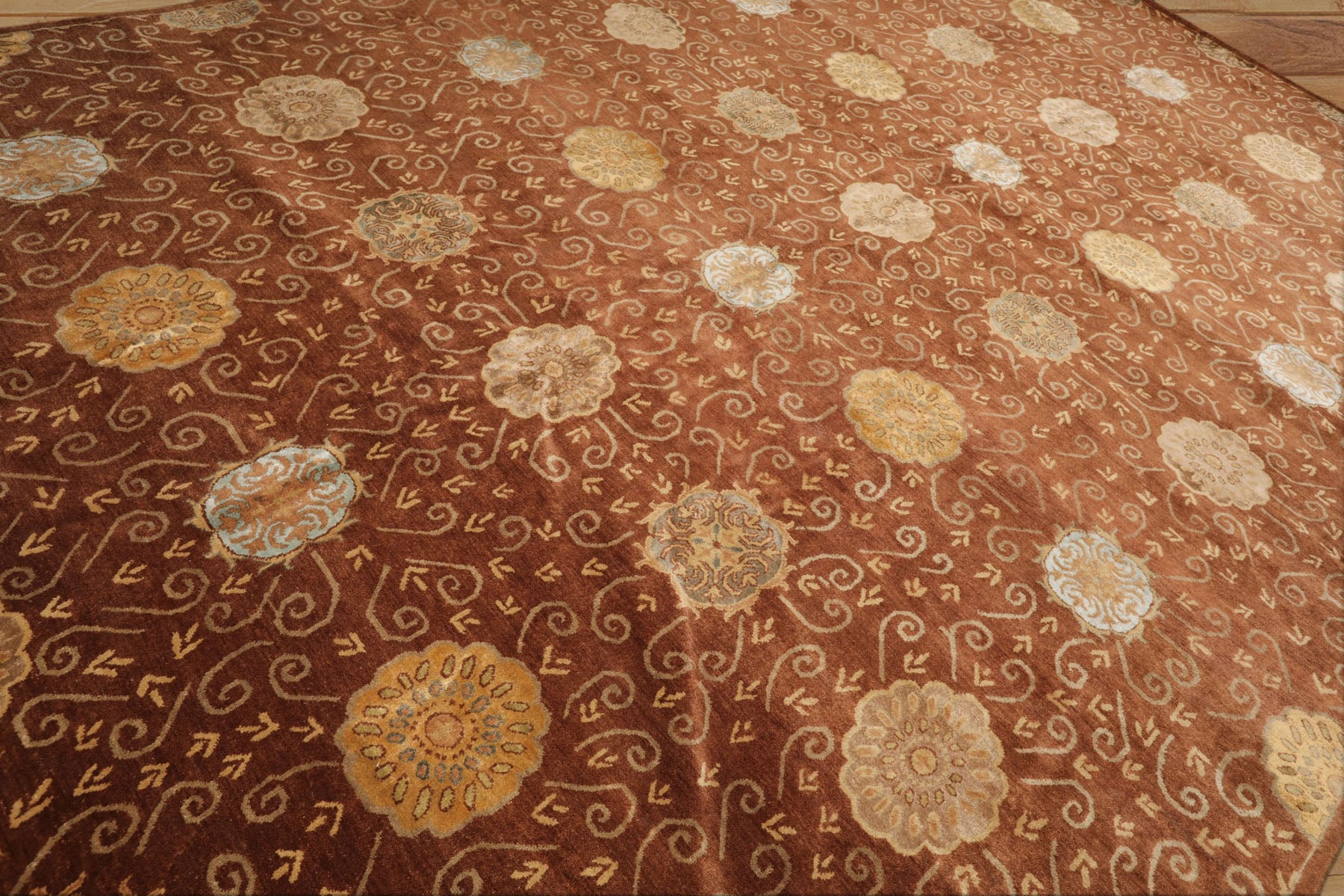 10x14 Mocha, Gold, Beige Color Hand Knotted Tibetan Wool & Bamboo Silk Transitional Oriental Rug
