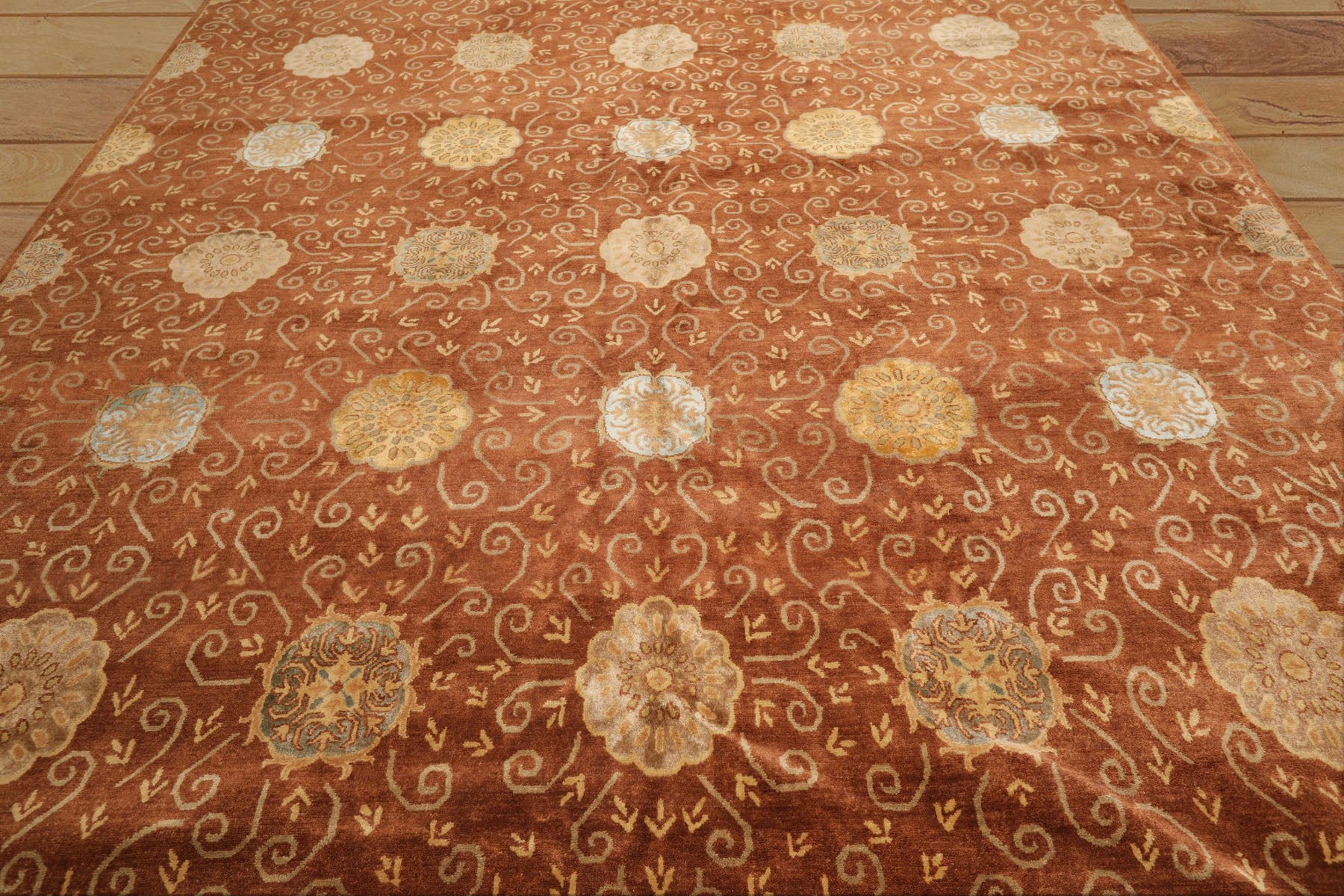 10x14 Mocha, Gold, Beige Color Hand Knotted Tibetan Wool & Bamboo Silk Transitional Oriental Rug