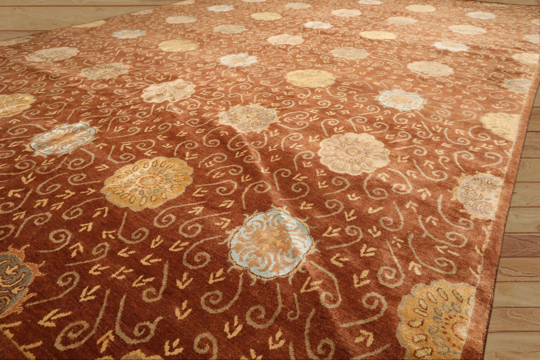 10x14 Mocha, Gold, Beige Color Hand Knotted Tibetan Wool & Bamboo Silk Transitional Oriental Rug