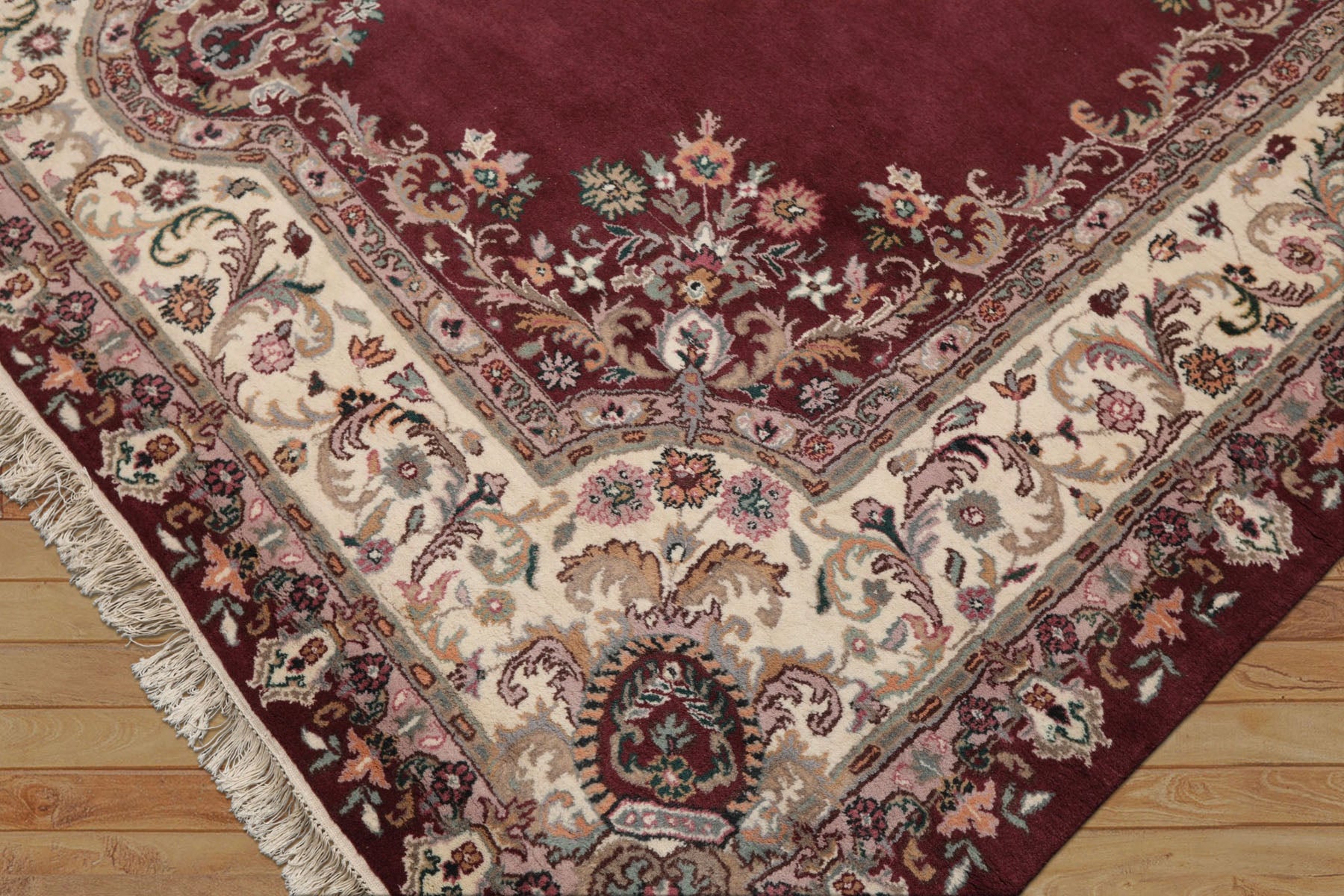 9x12 Plum, Ivory, Rose Color Hand Knotted Indo Kerman Wool Traditional Oriental Rug
