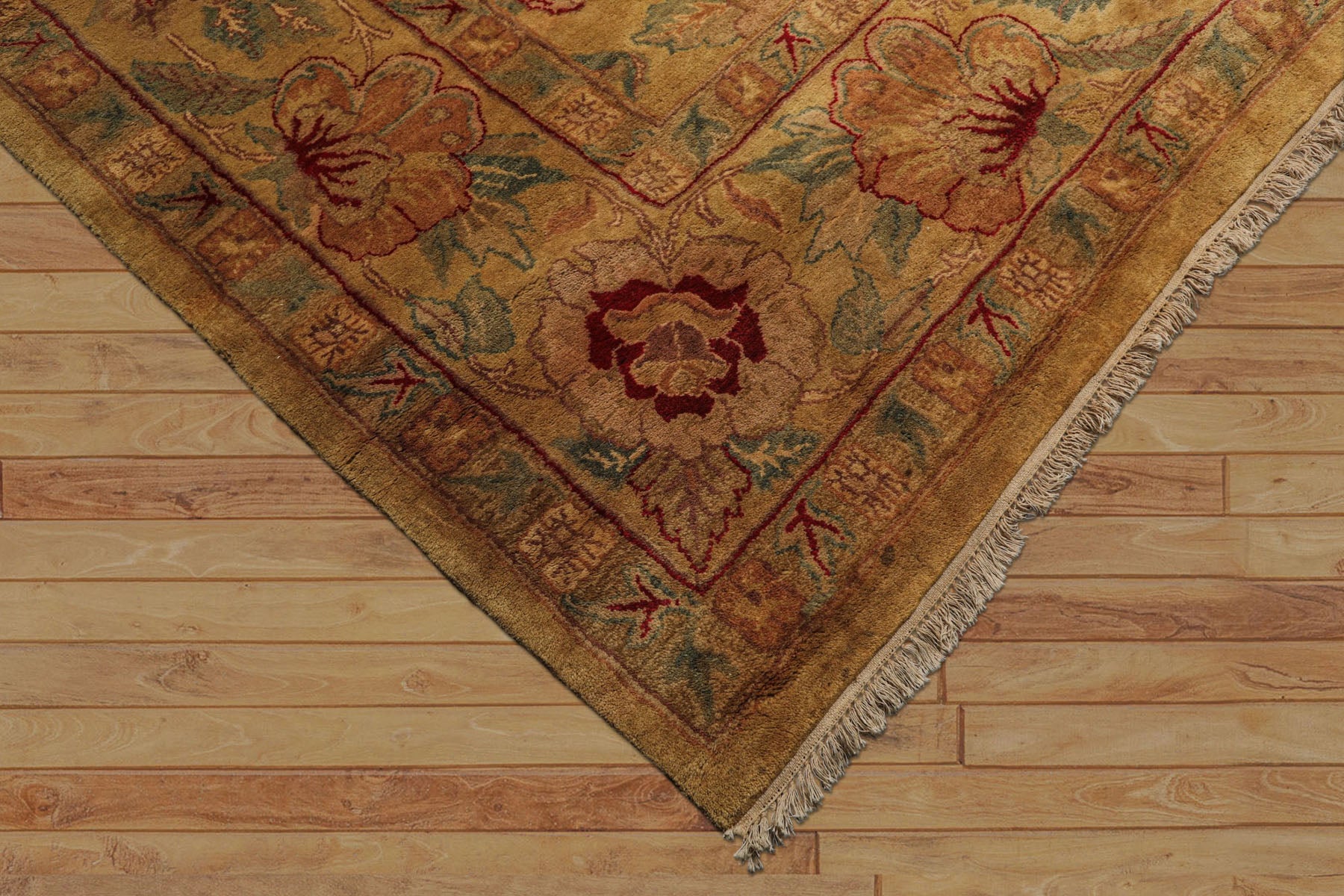 9x12 Gold, Sage, Red Color Hand Knotted Agra Wool Traditional Oriental Rug