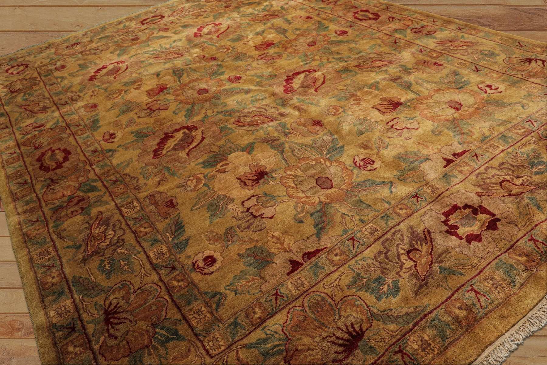 9x12 Gold, Sage, Red Color Hand Knotted Agra Wool Traditional Oriental Rug