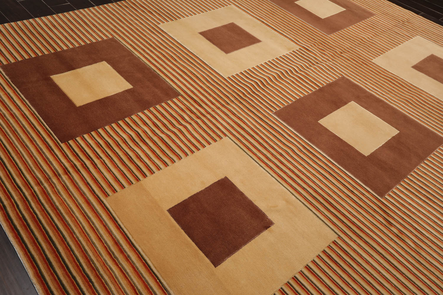 9x12 Beige, Brown, Burnt Orange Color Hand Knotted All-Over 100% Wool Modern Oriental Rug