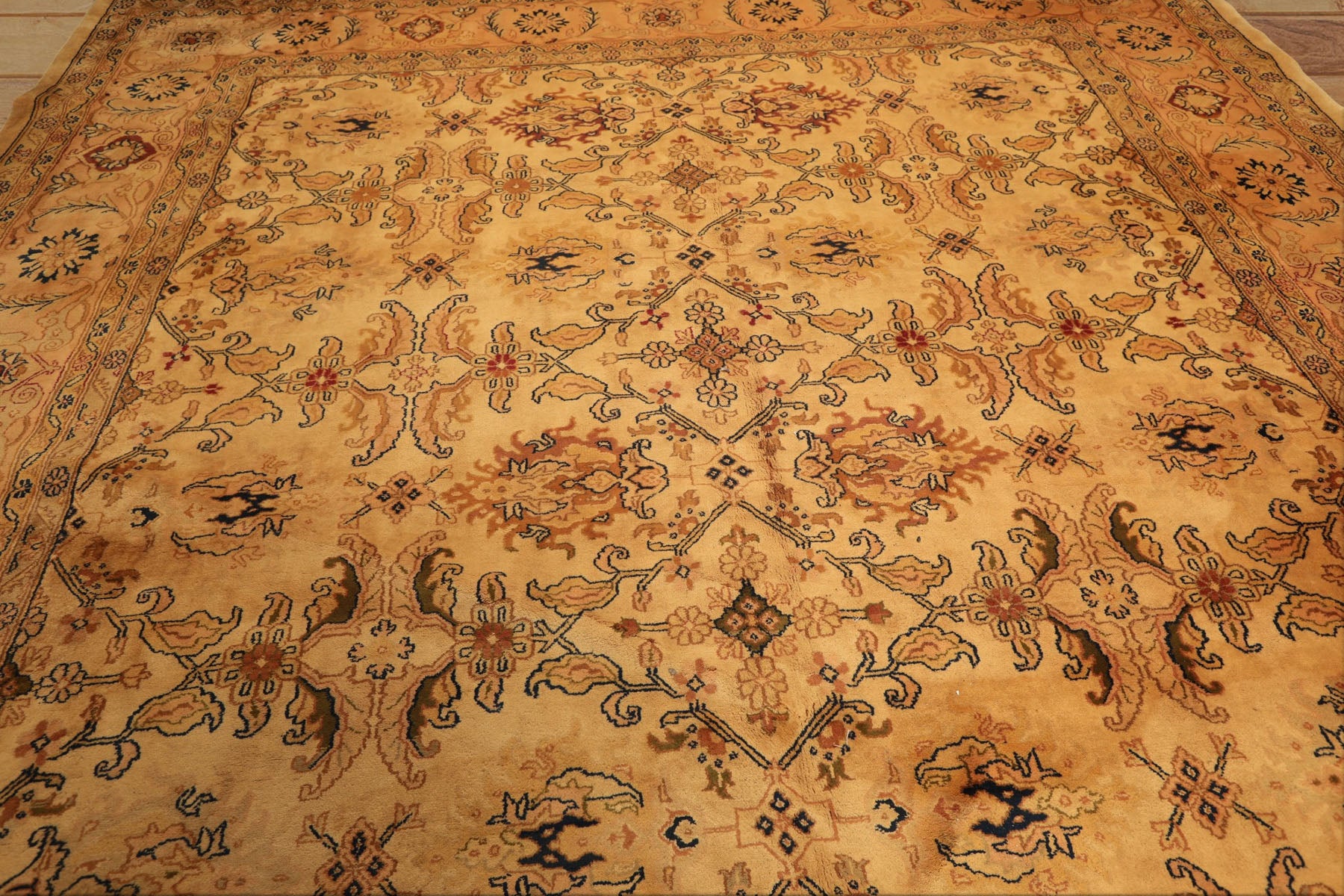 9x12 Tan, Peach, Navy Color Hand Knotted Oushak Wool Traditional Oriental Rug