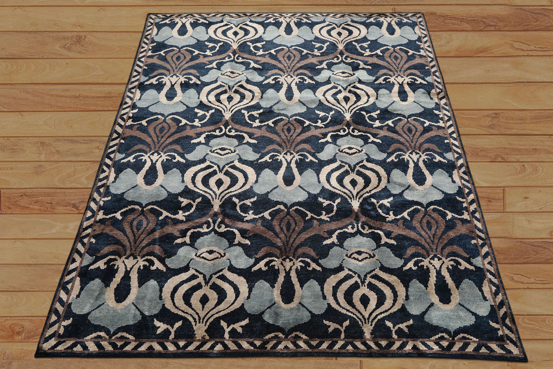 8x10 Navy, Taupe, Blue Color Hand Knotted Tibetan Wool Transitional Oriental Rug