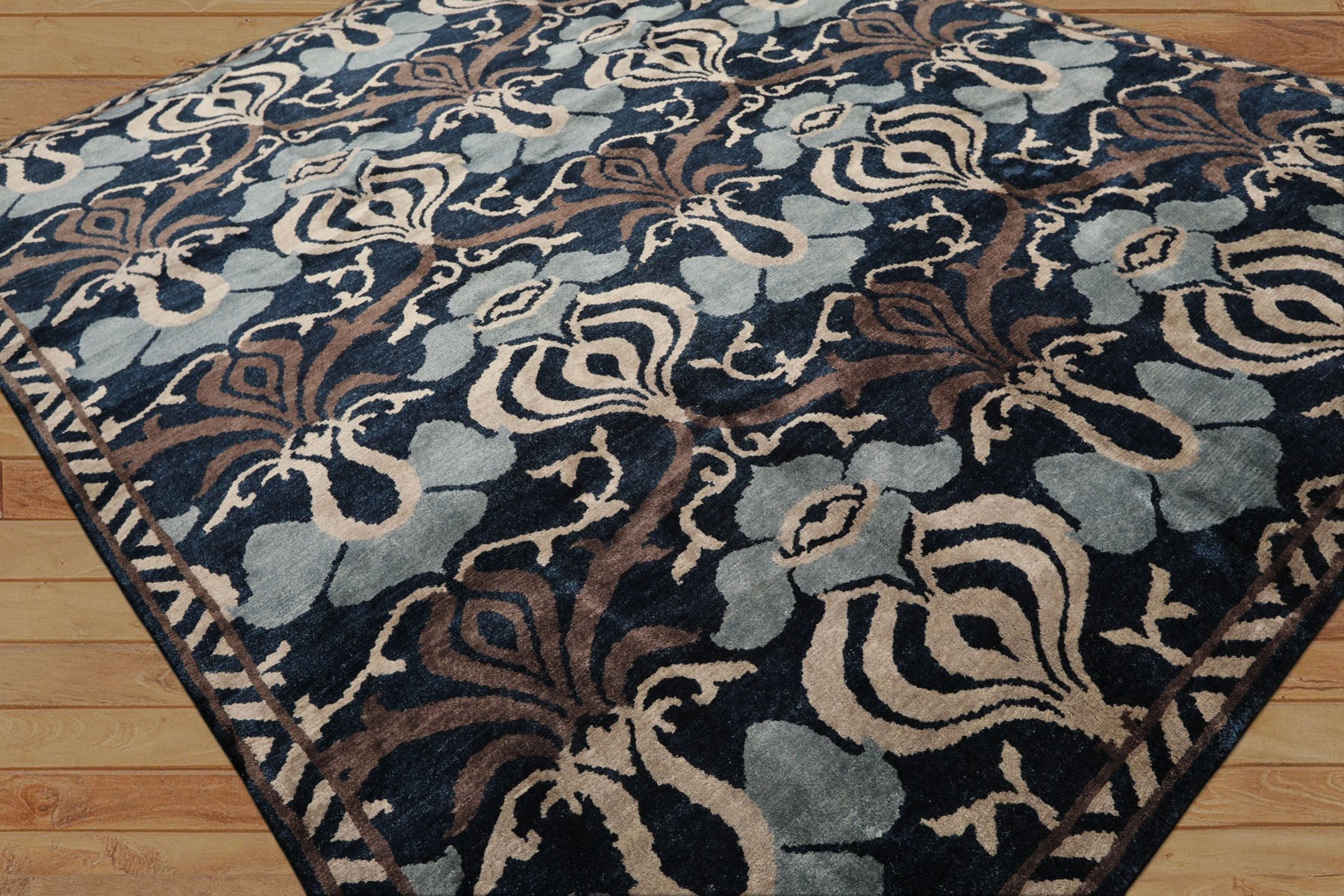 8x10 Navy, Taupe, Blue Color Hand Knotted Tibetan Wool Transitional Oriental Rug