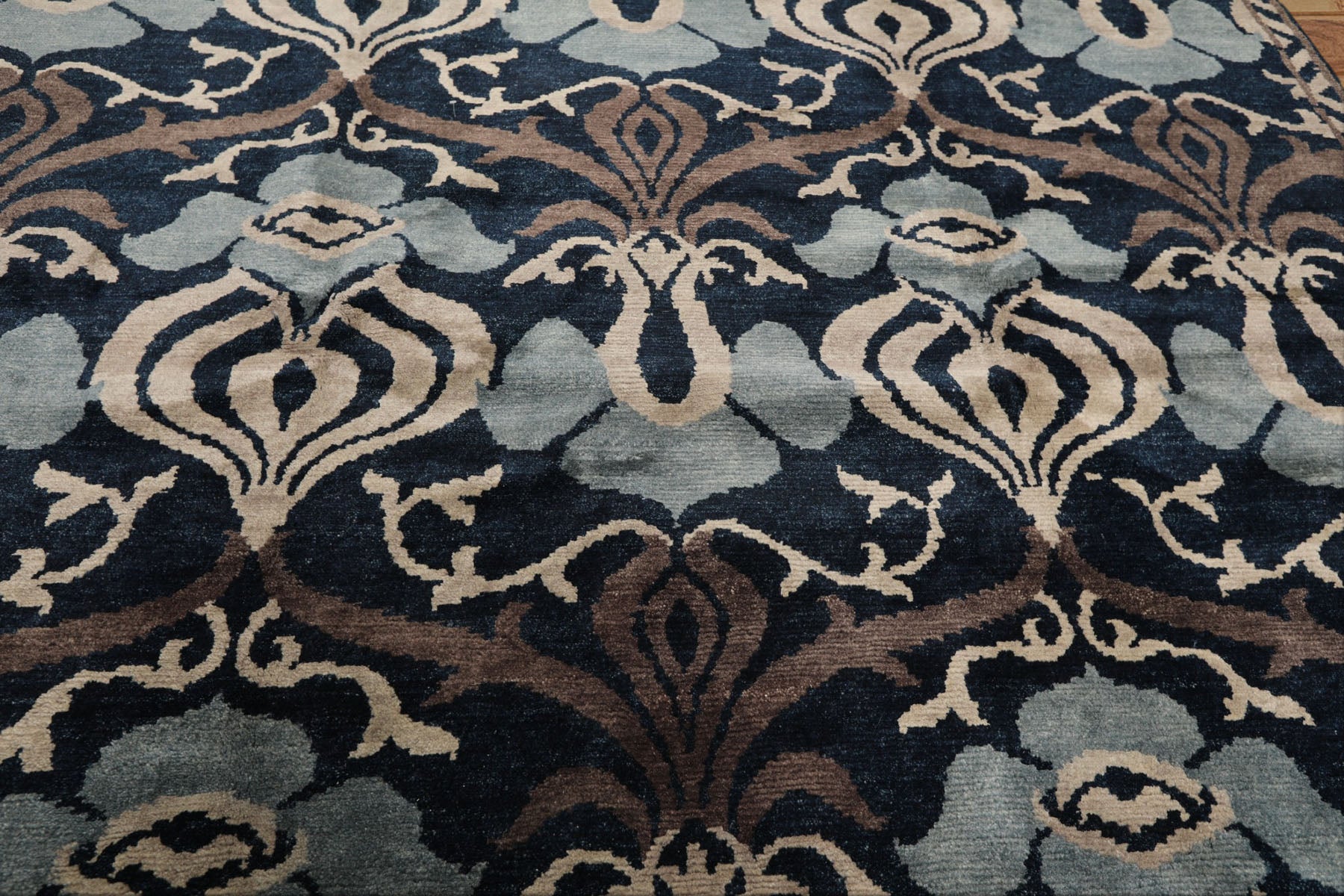 8x10 Navy, Taupe, Blue Color Hand Knotted Tibetan Wool Transitional Oriental Rug