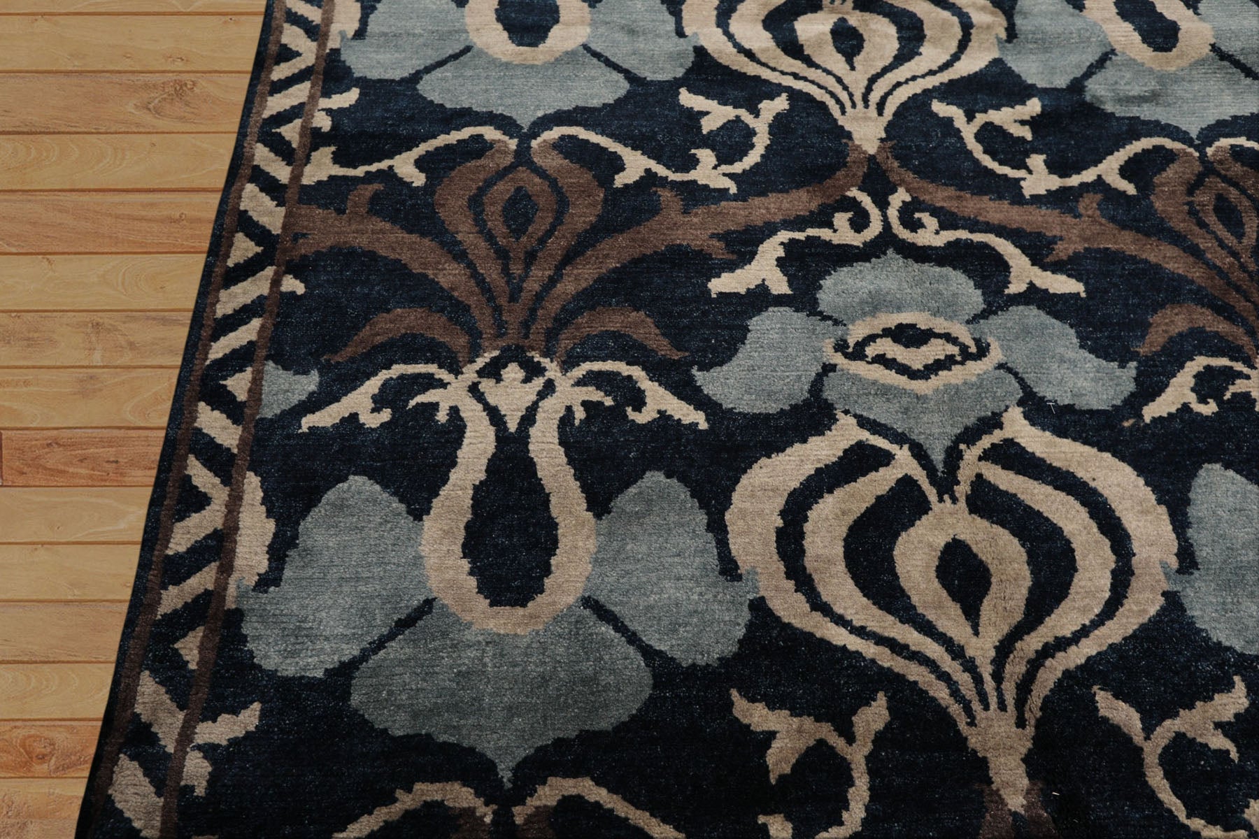 8x10 Navy, Taupe, Blue Color Hand Knotted Tibetan Wool Transitional Oriental Rug