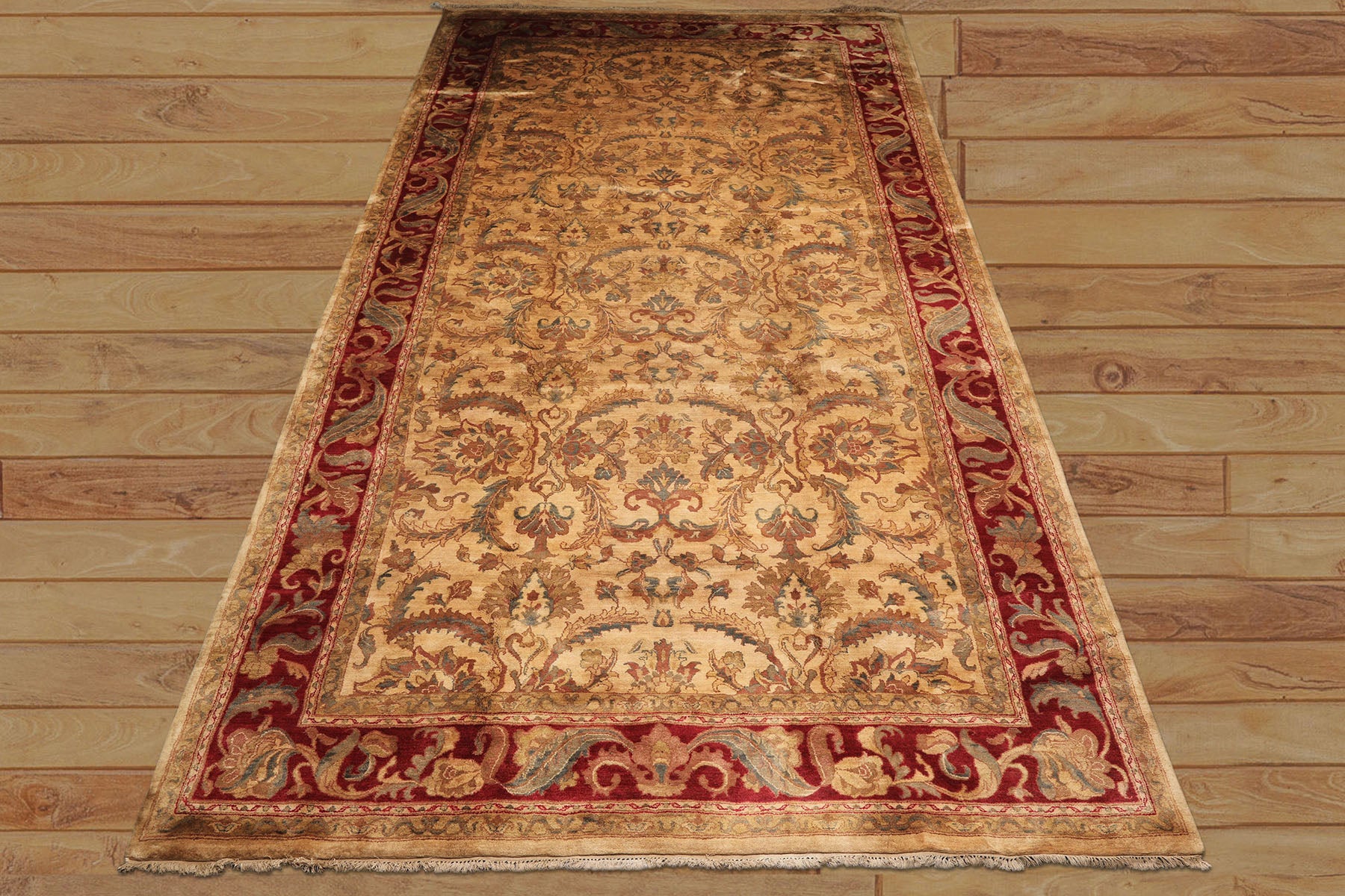 9x18 Beige, Tan, Burgundy Color Hand Knotted Agra Wool Traditional Oriental Rug
