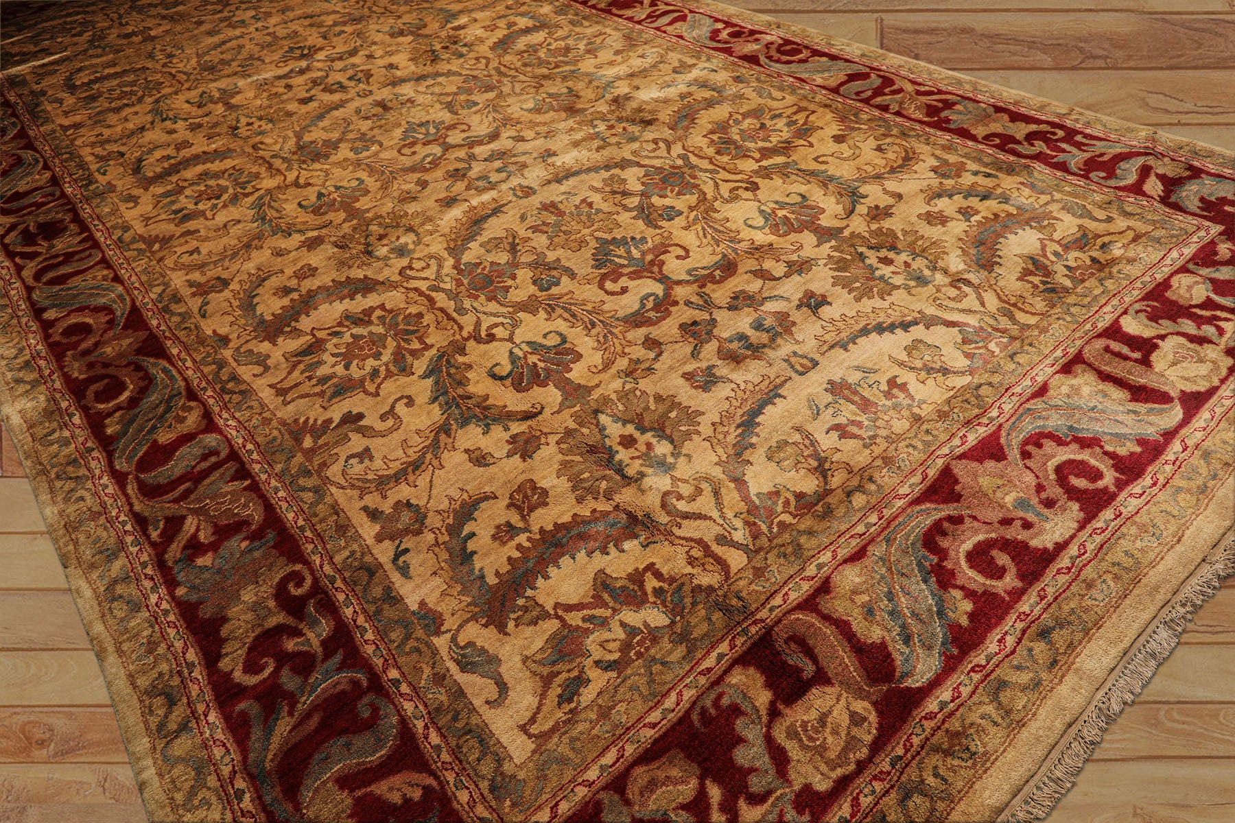 9x18 Beige, Tan, Burgundy Color Hand Knotted Agra Wool Traditional Oriental Rug