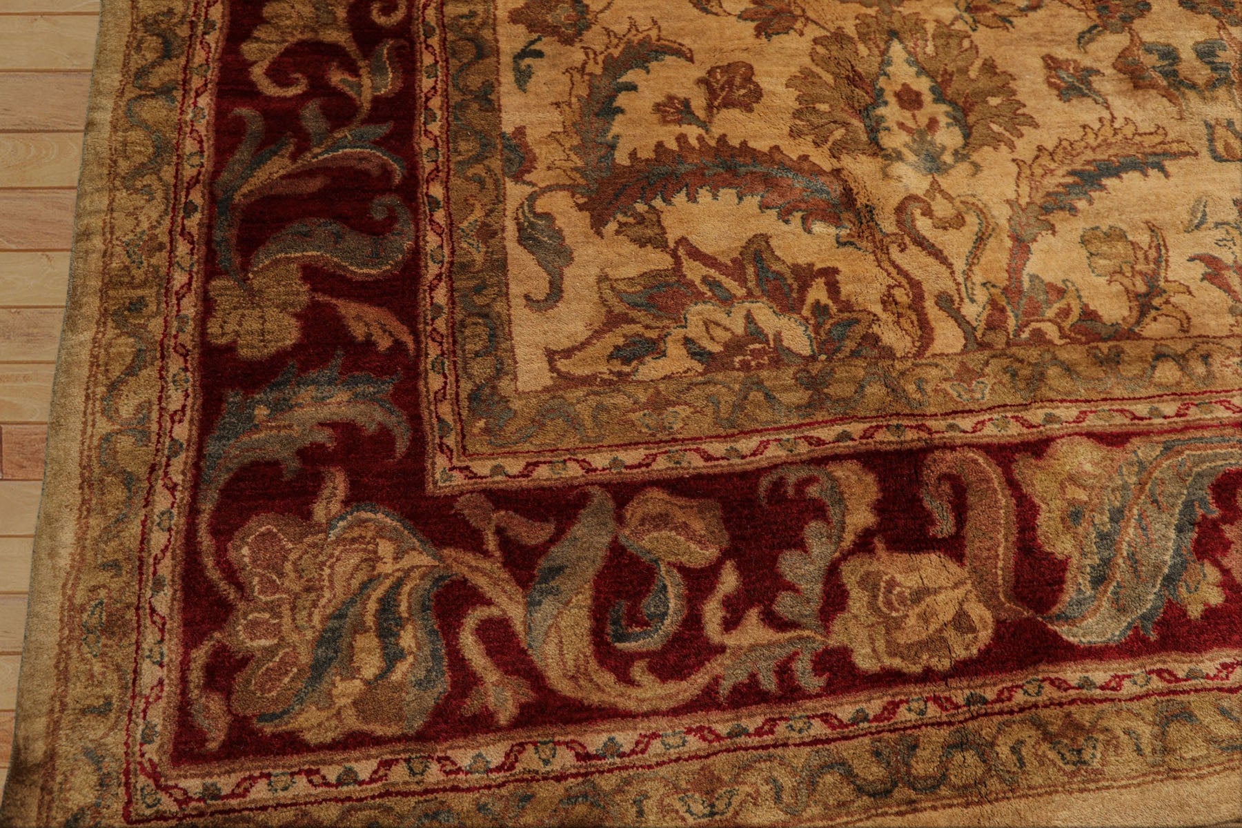 9x18 Beige, Tan, Burgundy Color Hand Knotted Agra Wool Traditional Oriental Rug