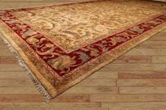 9x18 Beige, Tan, Burgundy Color Hand Knotted Agra Wool Traditional Oriental Rug