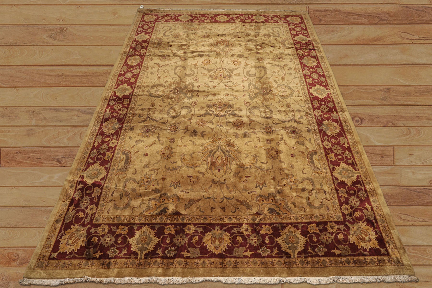 10x14 Light Gold, Maroon, Sage Color Hand Knotted Agra Wool Traditional Oriental Rug