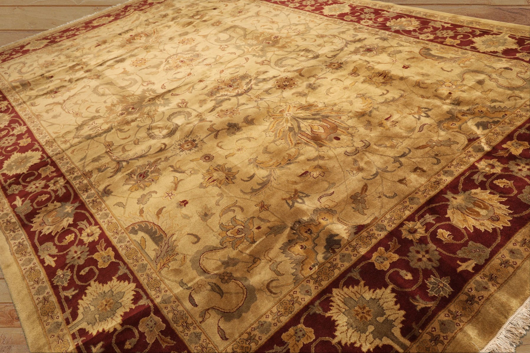 10x14 Light Gold, Maroon, Sage Color Hand Knotted Agra Wool Traditional Oriental Rug