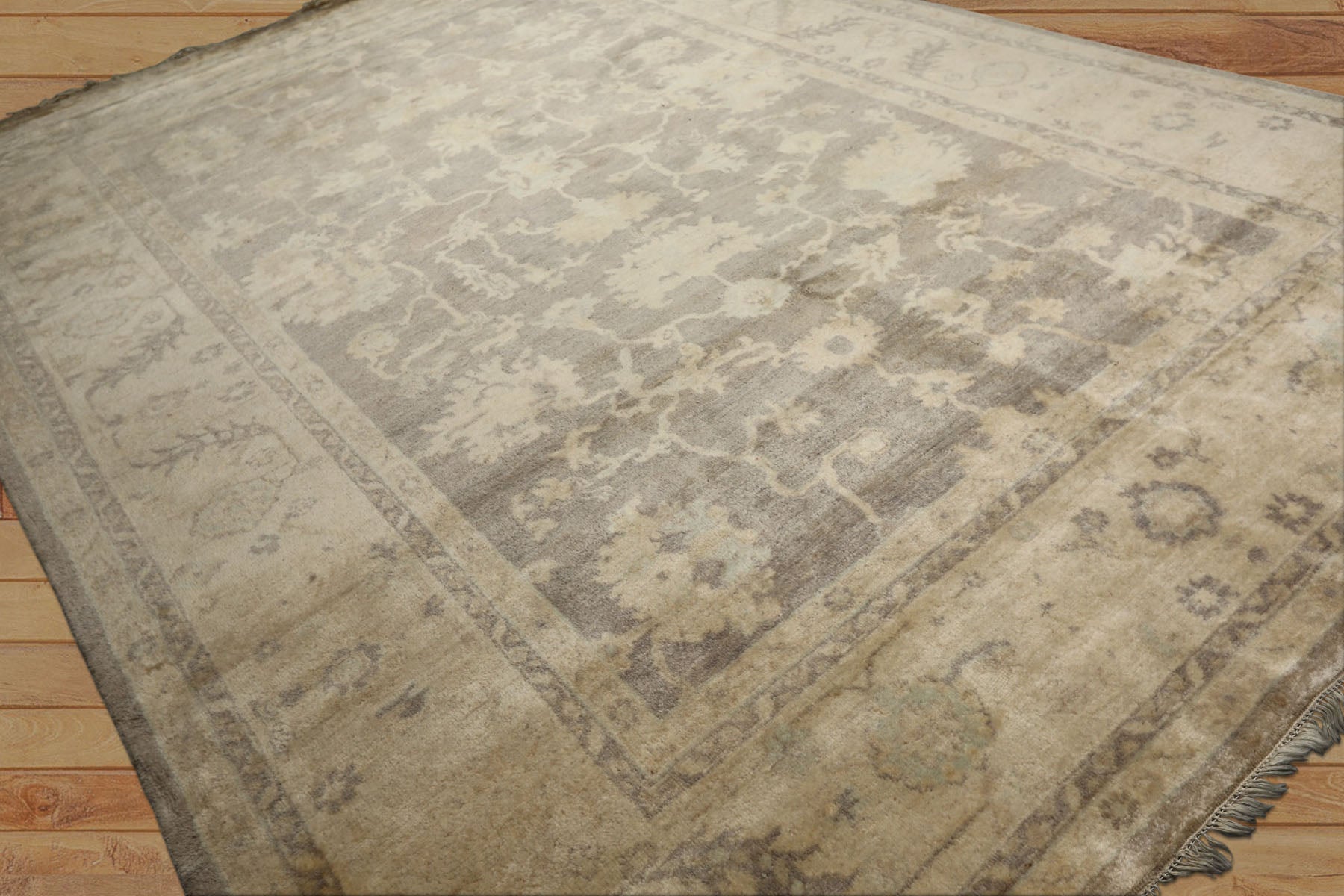 9x12 Gray, Ivory, taupe Color Hand Knotted Oushak New Zealand Wool Transitional Oriental Rug