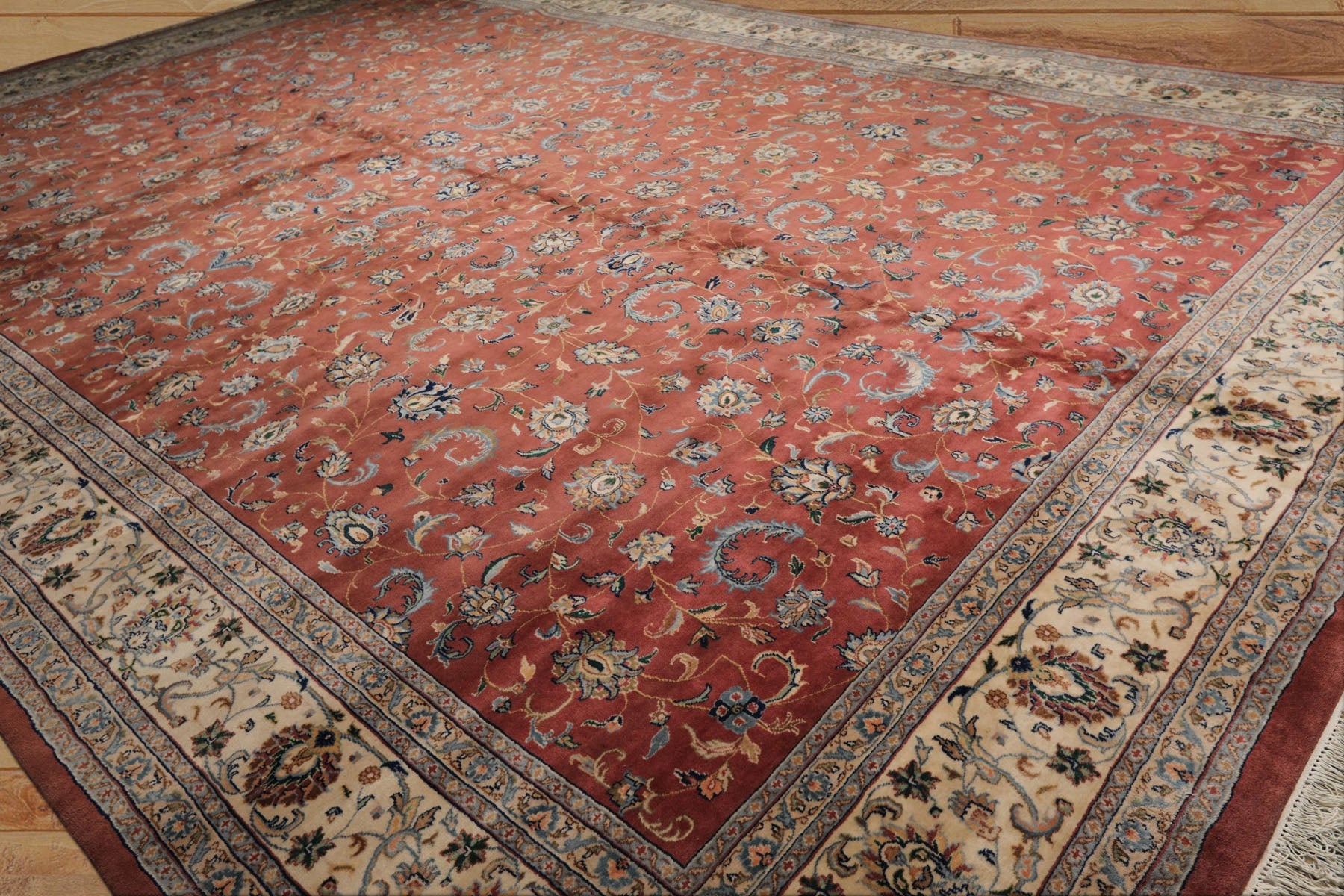 12x18 Rose, Ivory, Blue Color Hand Knotted Kashan wool Traditional Oriental Rug