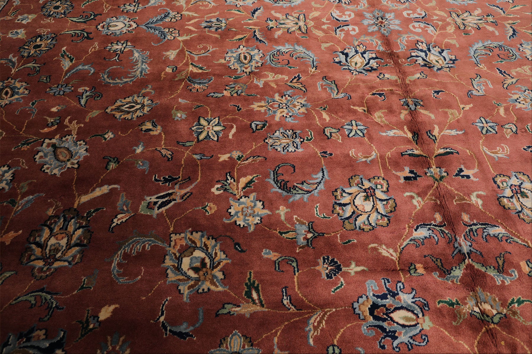 12x18 Rose, Ivory, Blue Color Hand Knotted Kashan wool Traditional Oriental Rug