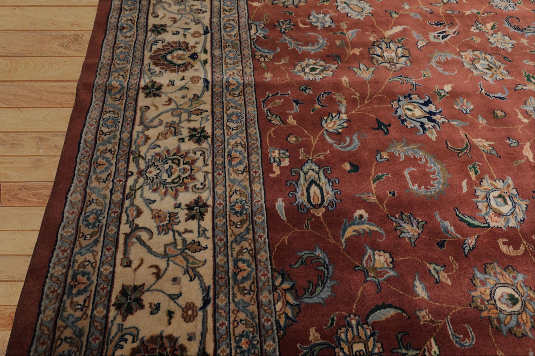 12x18 Rose, Ivory, Blue Color Hand Knotted Kashan wool Traditional Oriental Rug