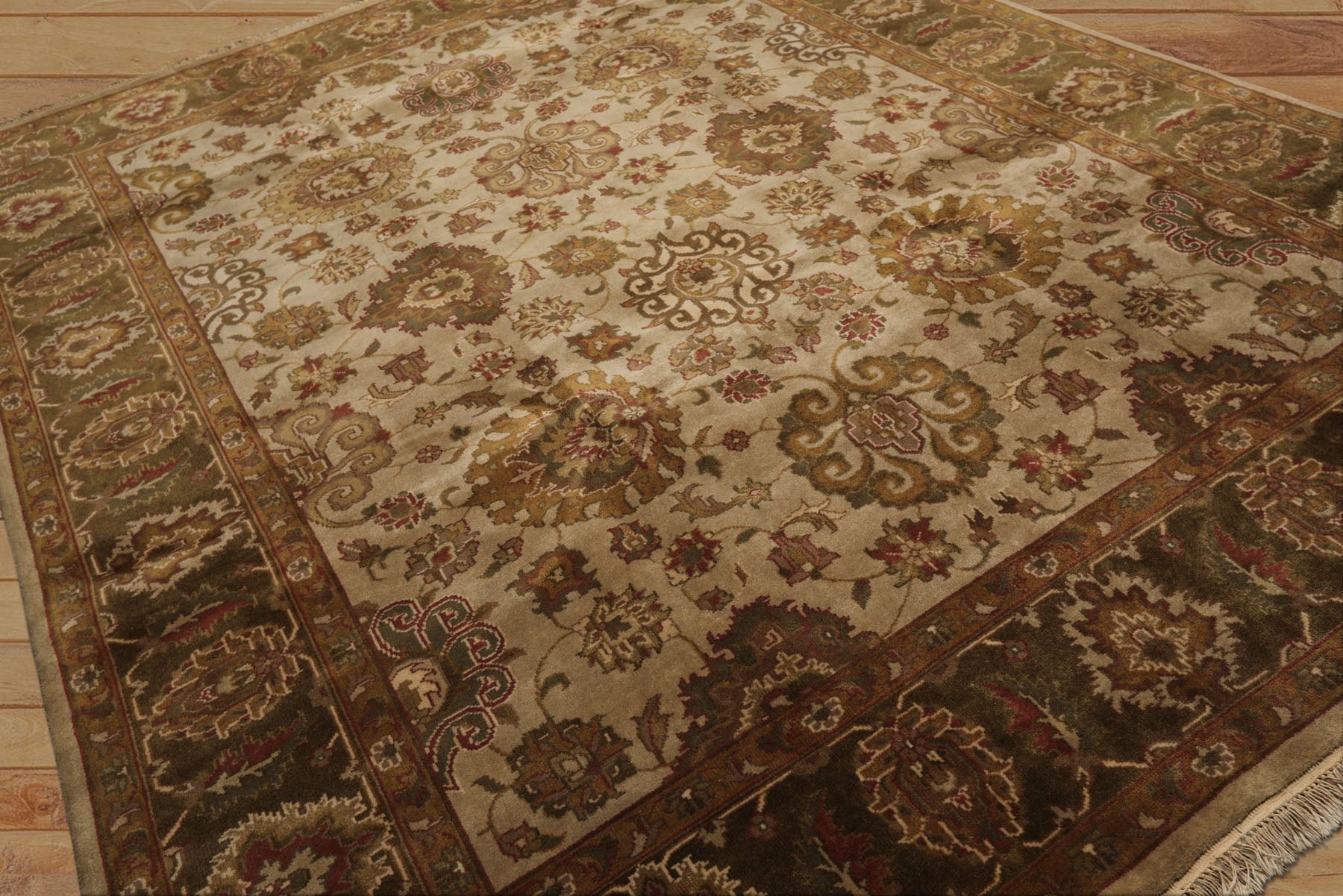 8x10 Beige, Green, Rose Color Hand Knotted Agra Wool Traditional Oriental Rug